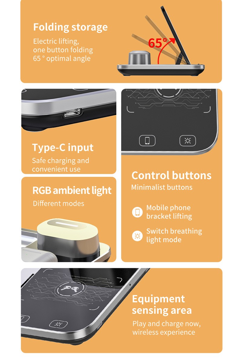 15W Hızlı Wireless Kablosuz Şarj Standı 4 in 1 Masaüstü İstasyon -iPhone-android-watch-airpods Uyumlu