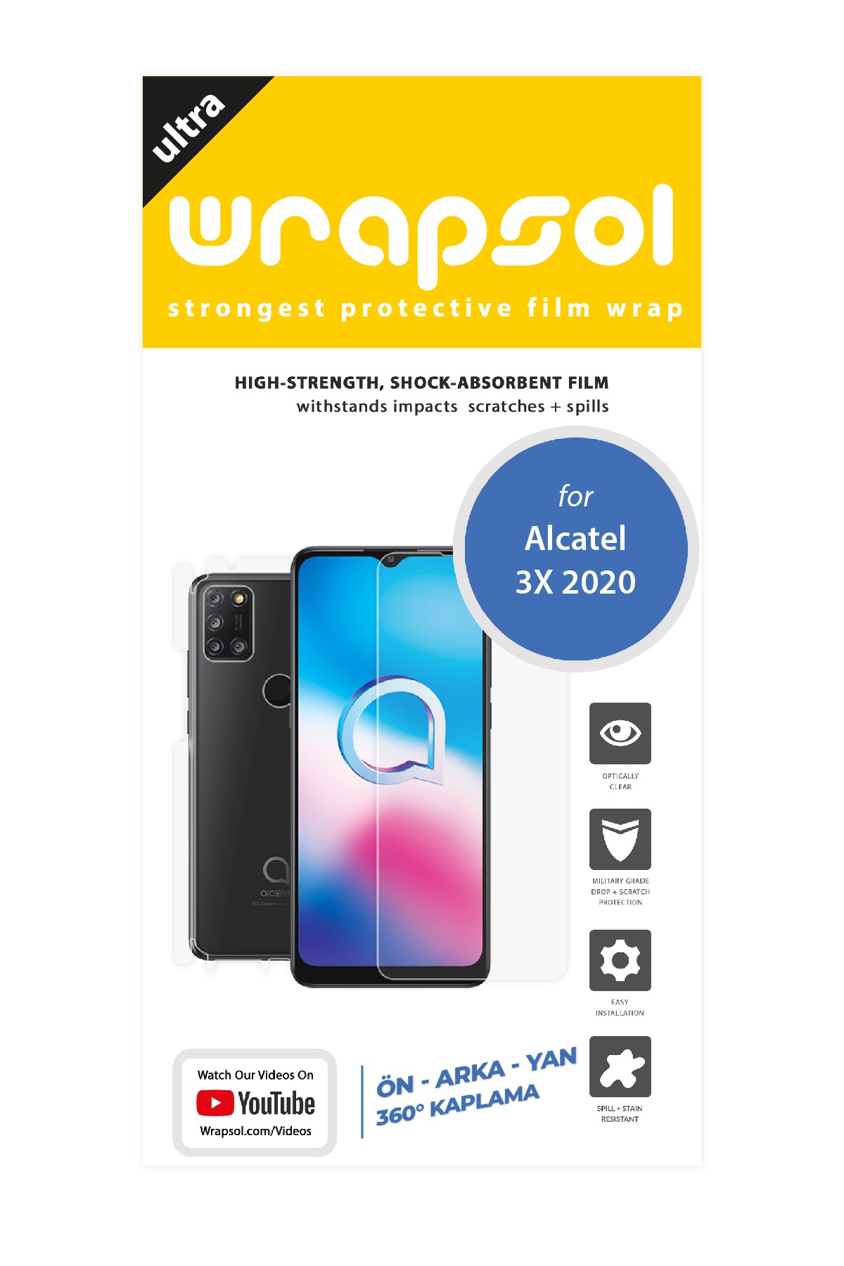 Alcatel 3X 2020 - Fullbody Koruyucu Parlak Şeffaf Poliüretan Film (150 micron)
