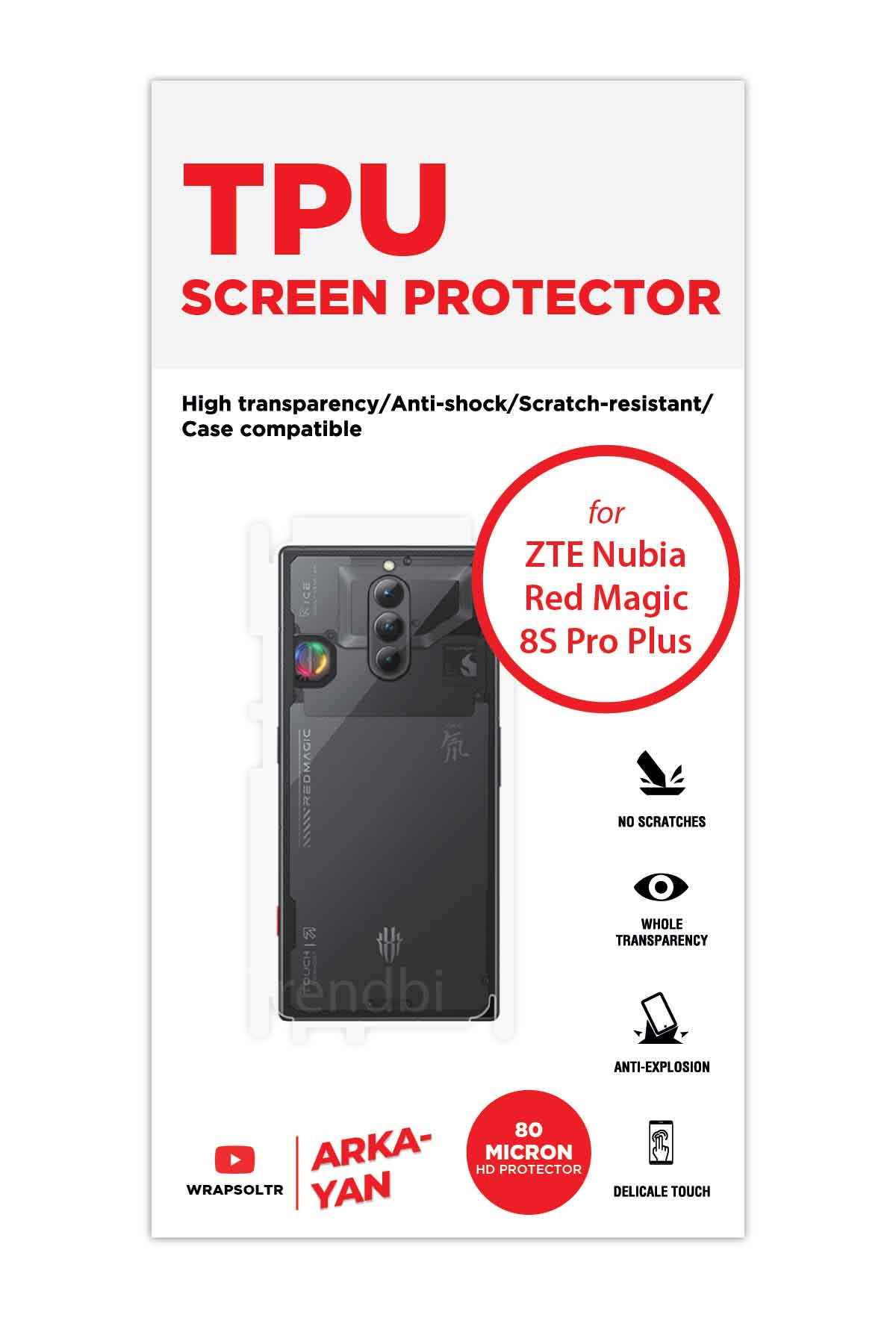 ZTE Nubia Red Magic 8S Pro Plus - Arka/Yan Koruyucu Parlak Şeffaf TPU Film (80 micron)