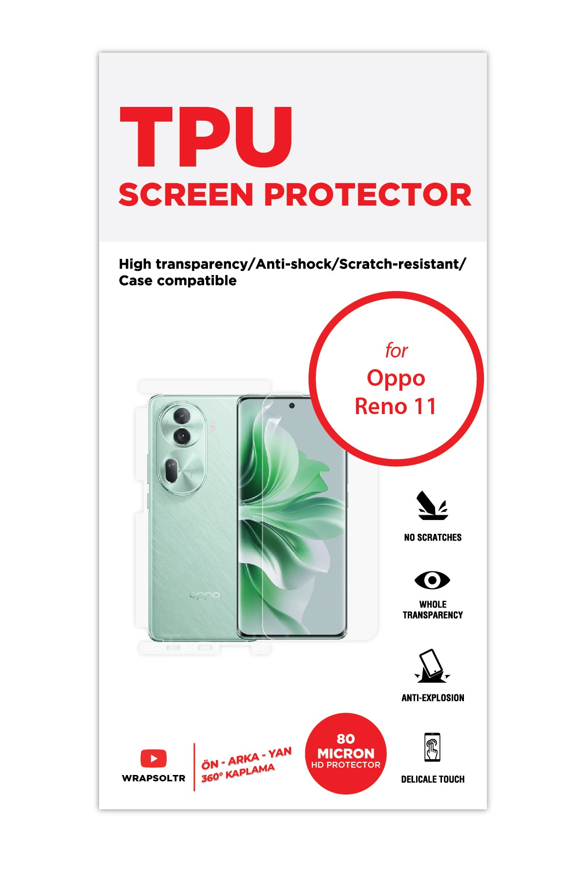 Oppo Reno 11 - Fullbody Koruyucu Parlak Şeffaf TPU Film (80 micron)