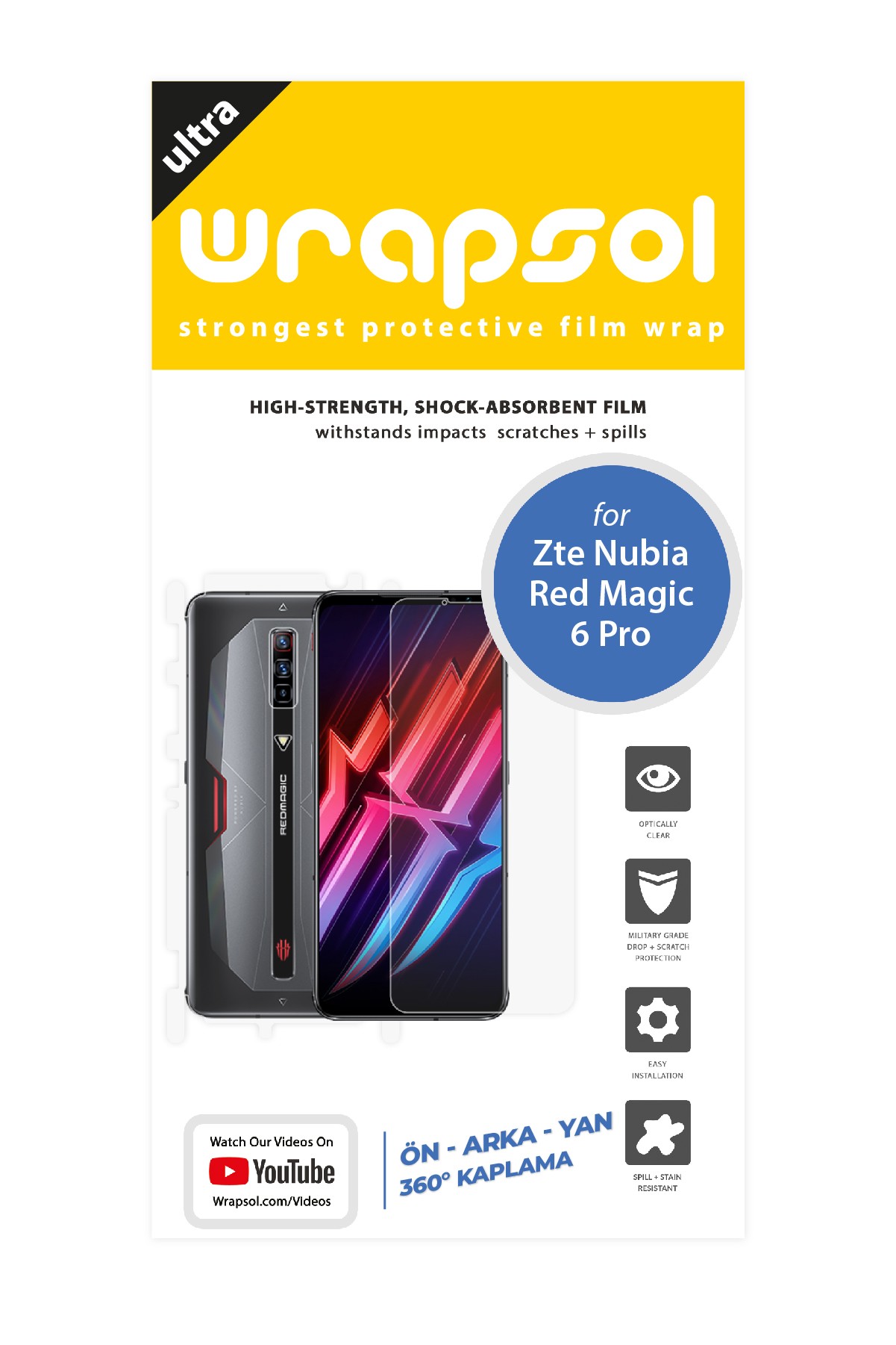 ZTE Nubia Red Magic 6 Pro - Fullbody Koruyucu Parlak Şeffaf Poliüretan Film (150 micron)