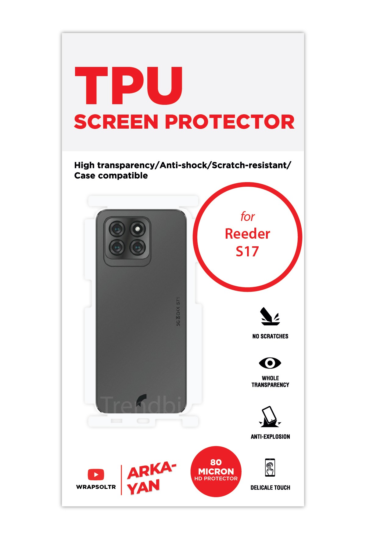 Reeder s71 - Arka/Yan Koruyucu Parlak Şeffaf TPU Film (80 micron)
