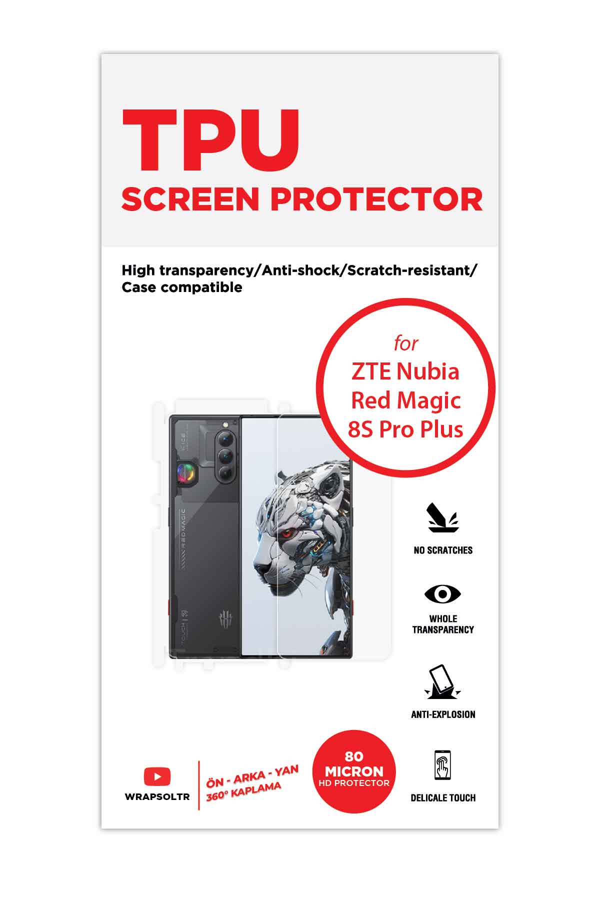 ZTE Nubia Red Magic 8S Pro Plus - Fullbody Koruyucu Parlak Şeffaf TPU Film (80 micron)