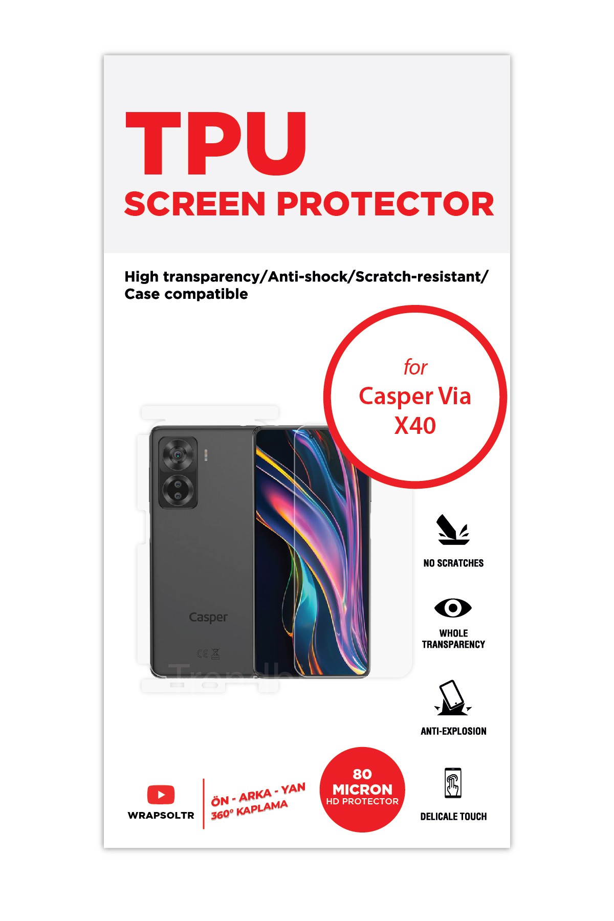 Casper Via X40 - Fullbody Koruyucu Parlak Şeffaf TPU Film (80 micron)
