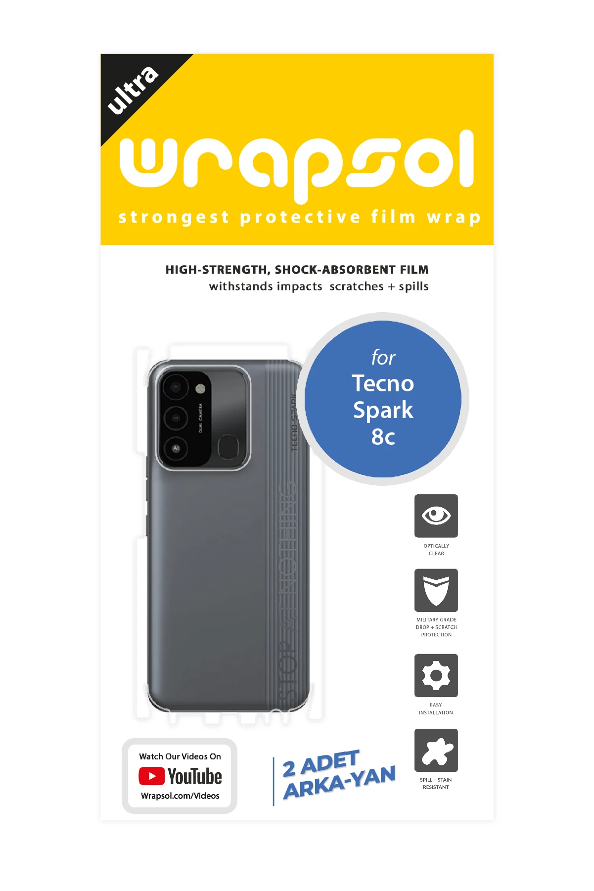 Tecno Spark 8C - Arka/Yan Koruyucu Parlak Şeffaf Poliüretan Film (150 micron)