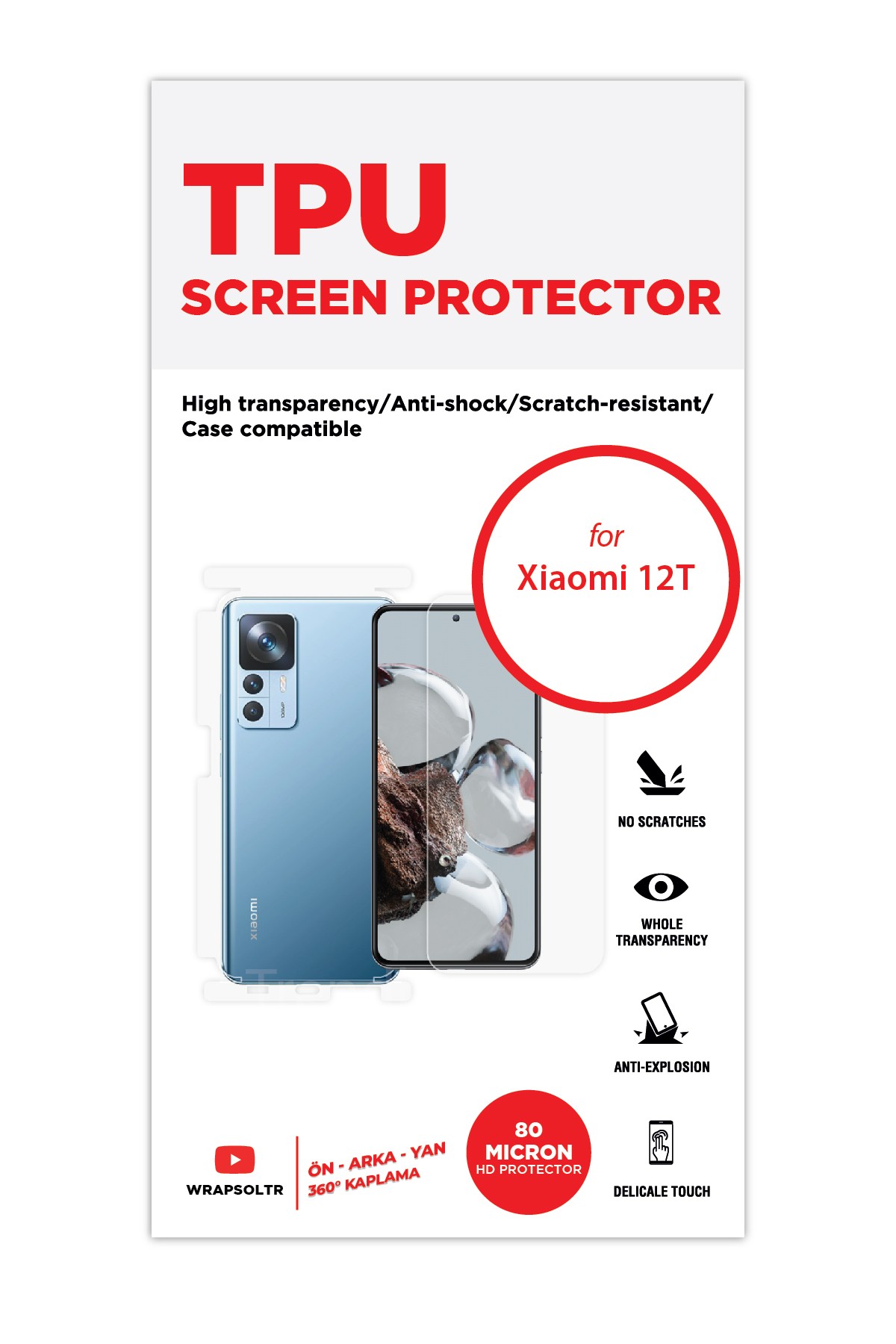 Xiaomi 12T - Fullbody Koruyucu Parlak Şeffaf TPU Film (80 micron)