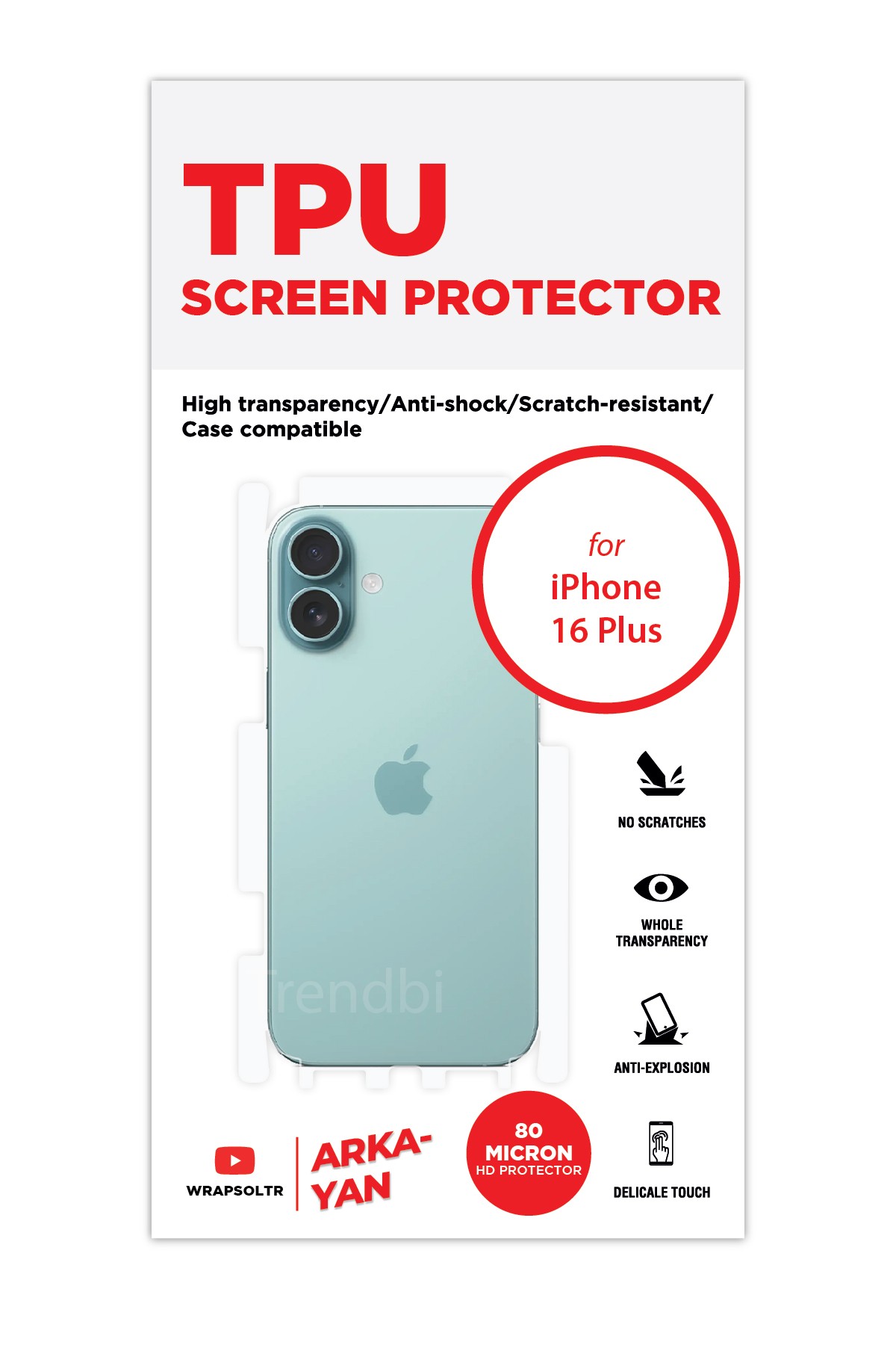 iPhone 16 Plus - Arka/Yan Koruyucu Parlak Şeffaf TPU Film (80 micron)