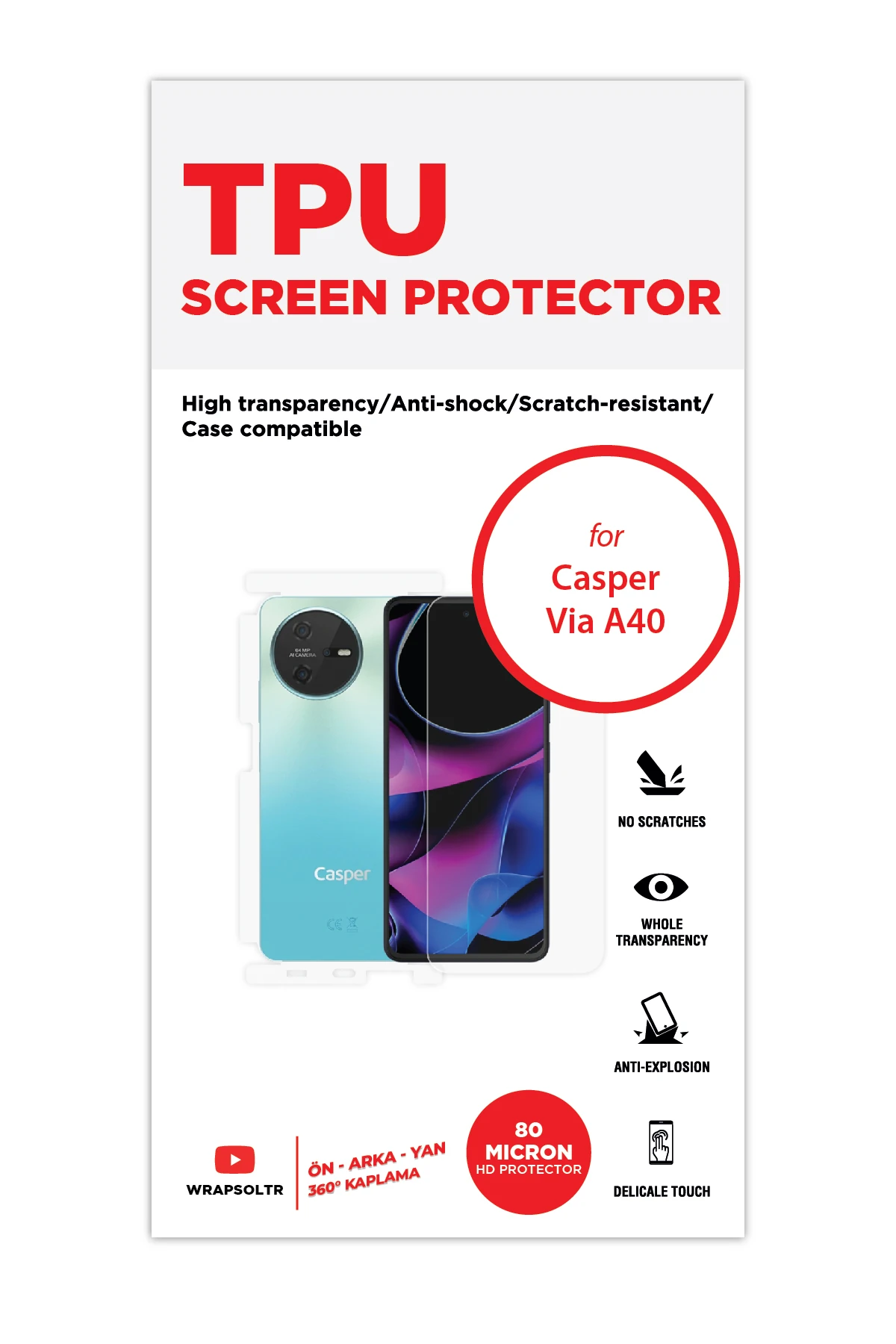 Casper Via A40 - Fullbody Koruyucu Parlak Şeffaf TPU Film (80 micron)