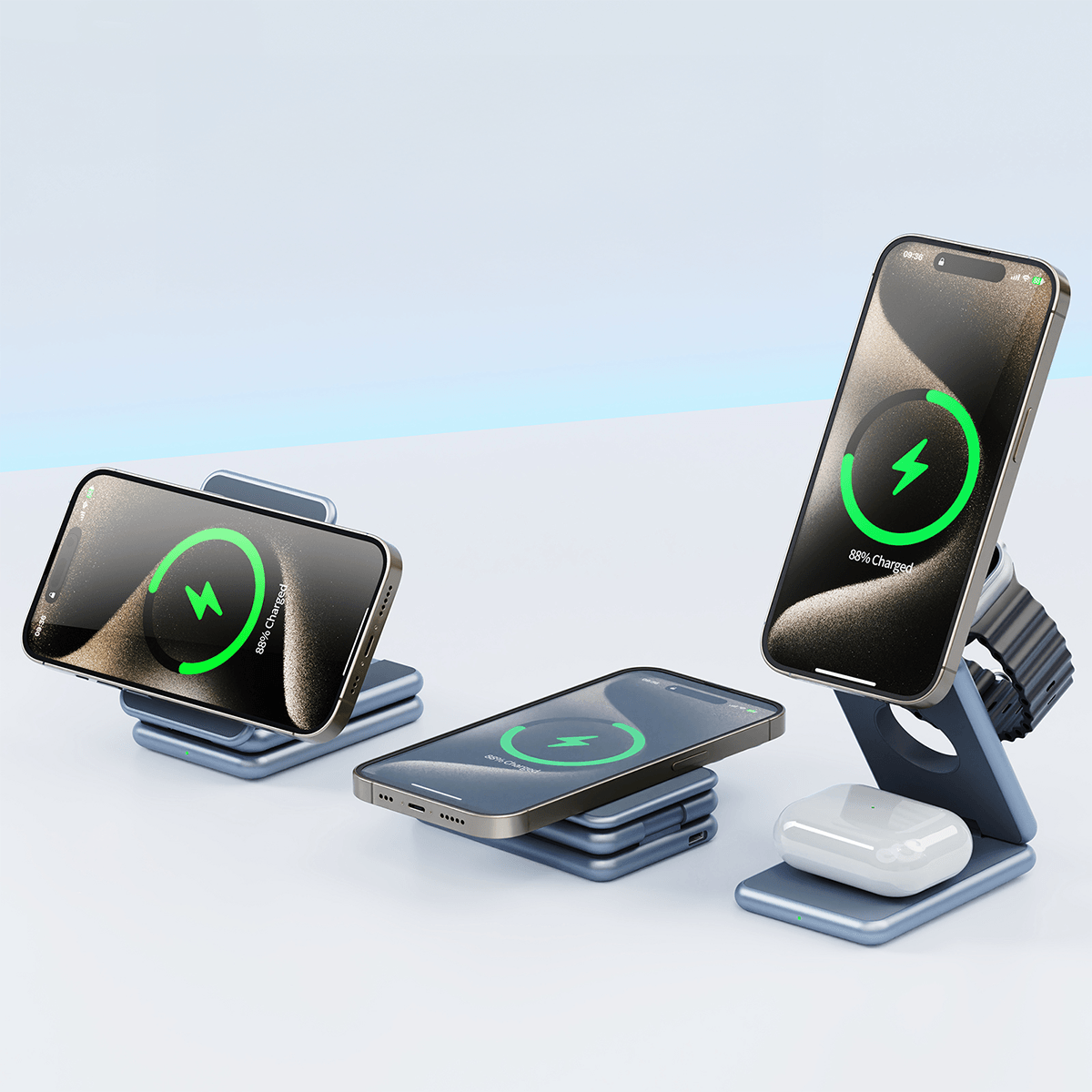 AirFlod 15W Wireless Kablosuz Şarj Standı Alüminyum Katlanabilir 3in1 iPhone-android-watch-airpods