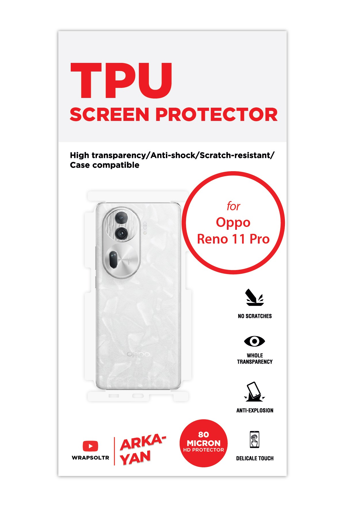 Oppo Reno 11 Pro - Arka/Yan Koruyucu Parlak Şeffaf TPU Film (80 micron)