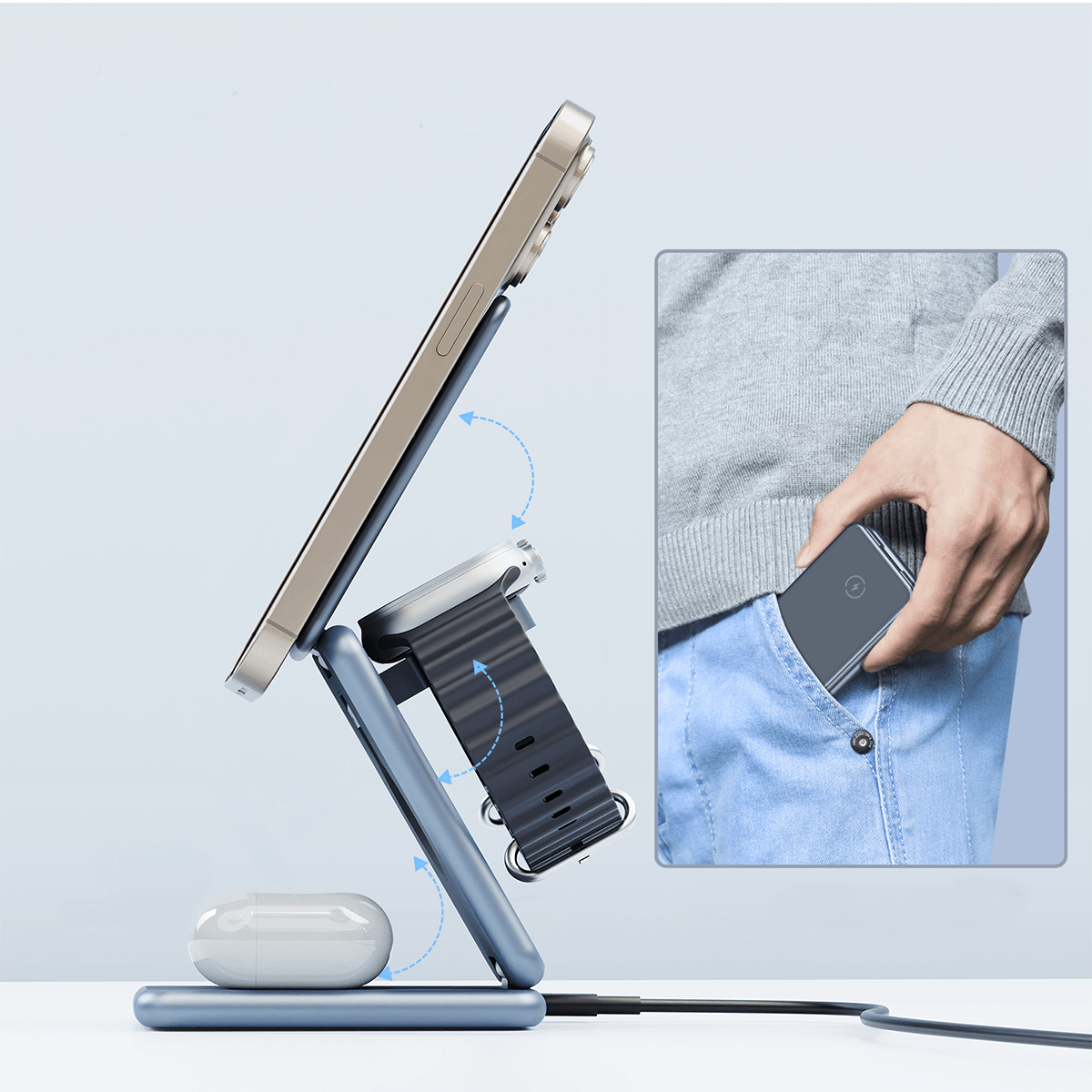 AirFlod 15W Wireless Kablosuz Şarj Standı Alüminyum Katlanabilir 3in1 iPhone-android-watch-airpods