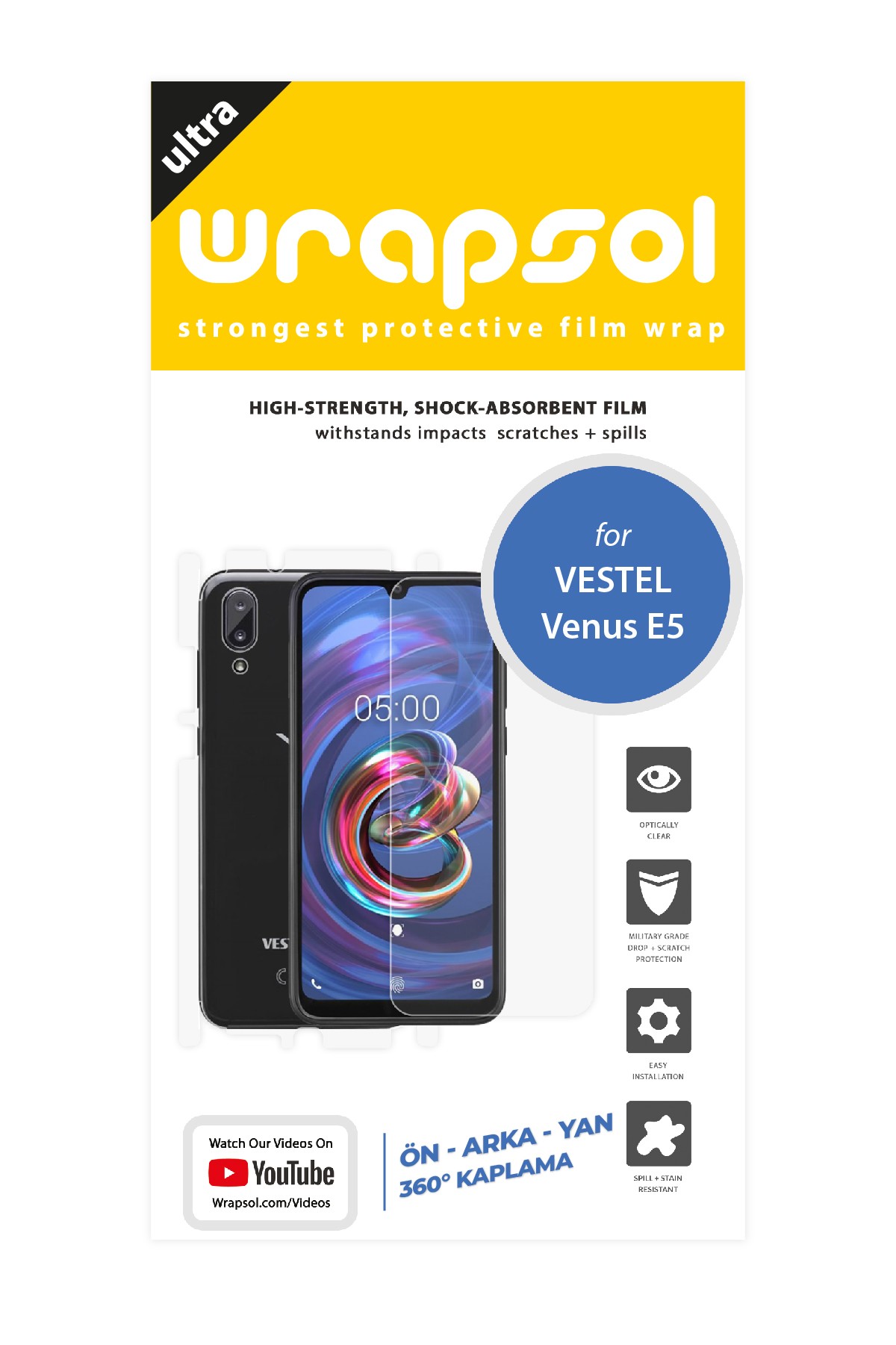 Vestel Venus E5 - Fullbody Koruyucu Parlak Şeffaf Poliüretan Film (150 micron)