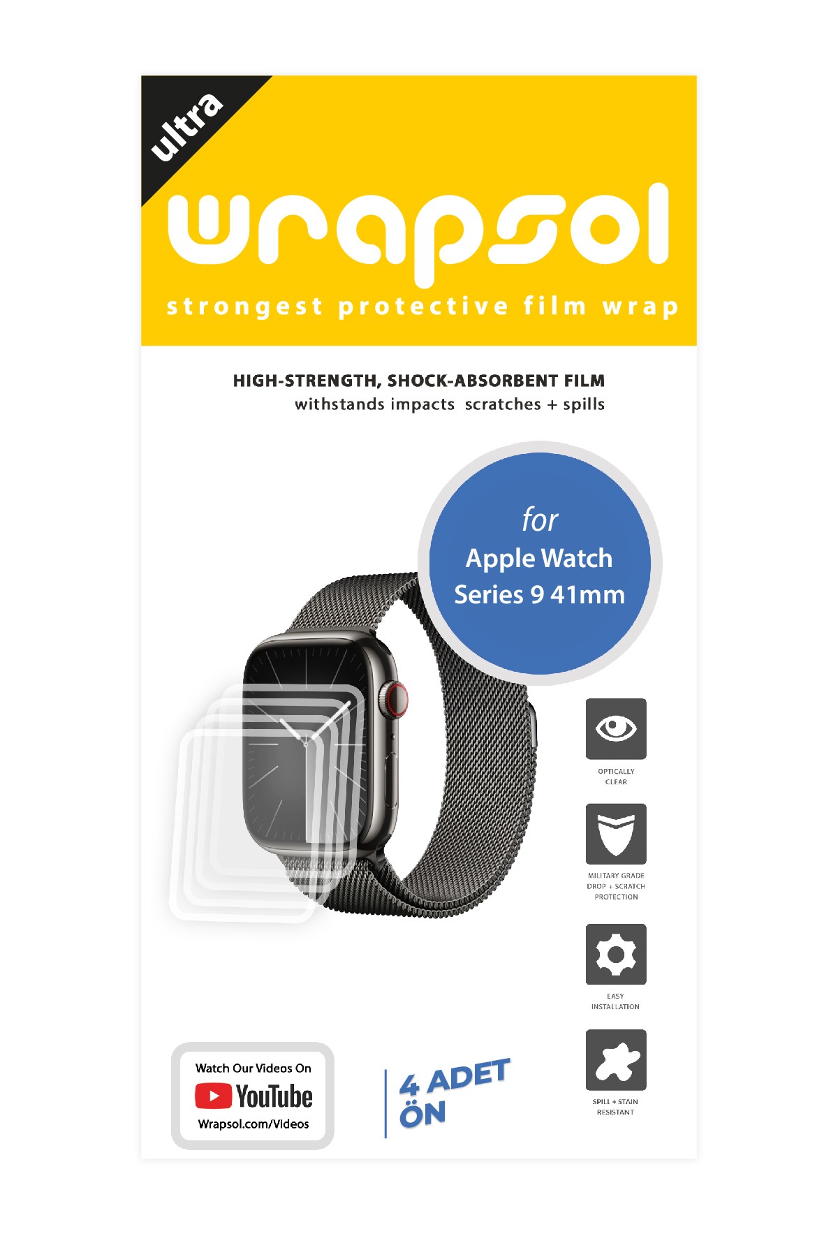 Apple Watch Series 9 / 41 mm - Ekran Koruyucu Parlak Şeffaf Poliüretan Film (150 mikron)