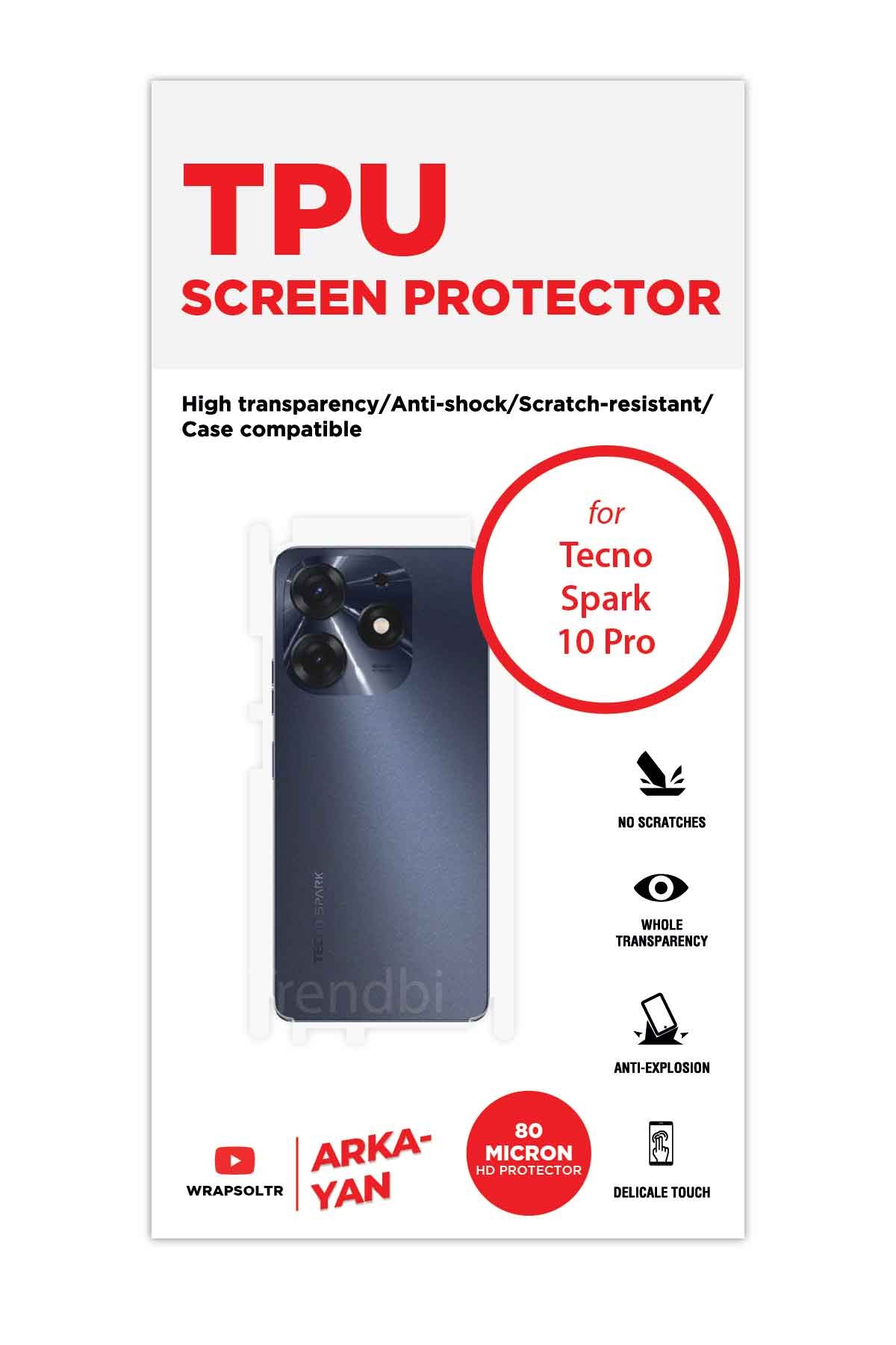 Tecno Spark 10 Pro - Arka/Yan Koruyucu Parlak Şeffaf TPU Film (80 micron)