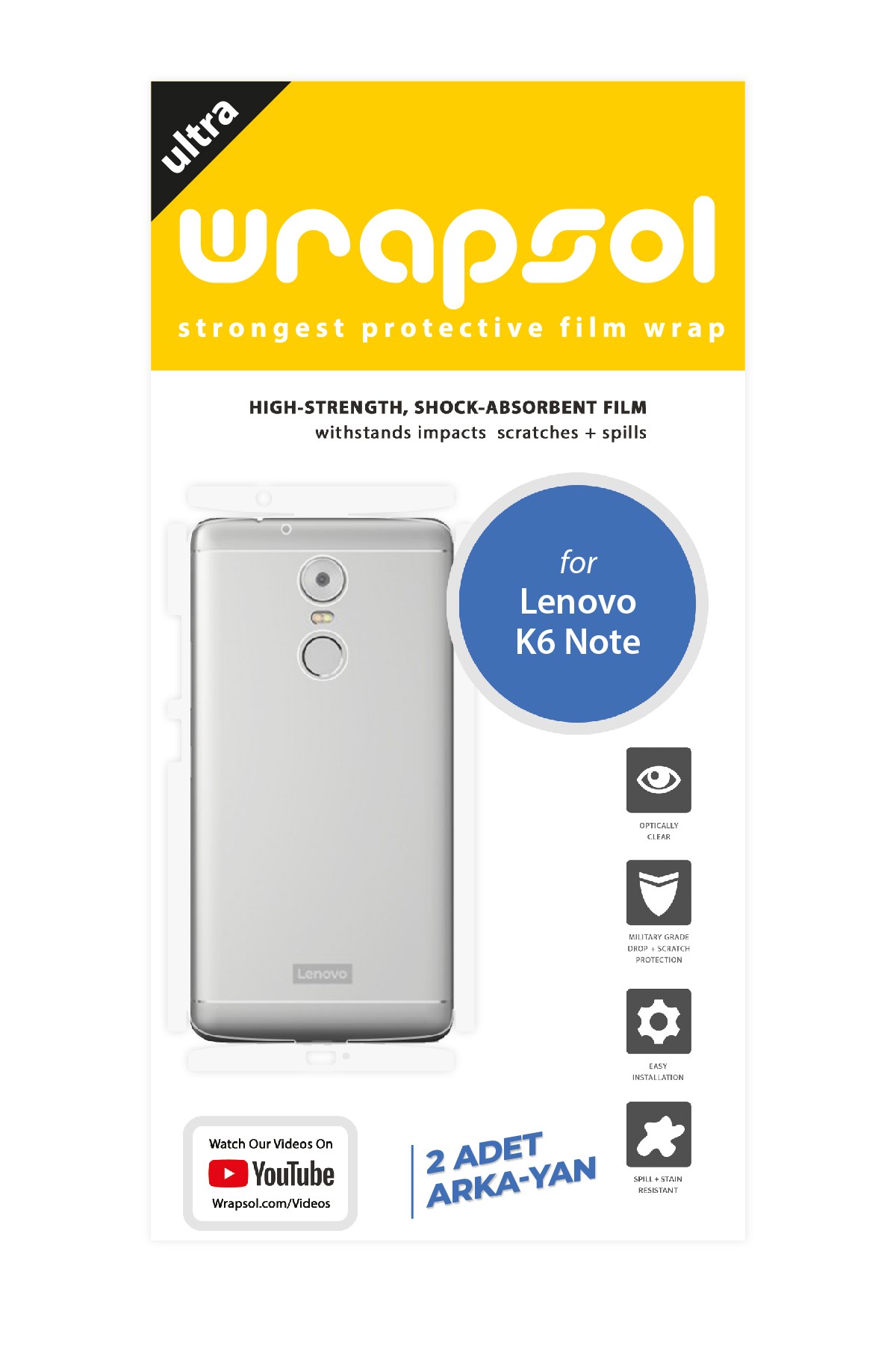 Lenovo K6 Note - Arka/Yan Koruyucu Parlak Şeffaf Poliüretan Film (150 micron)