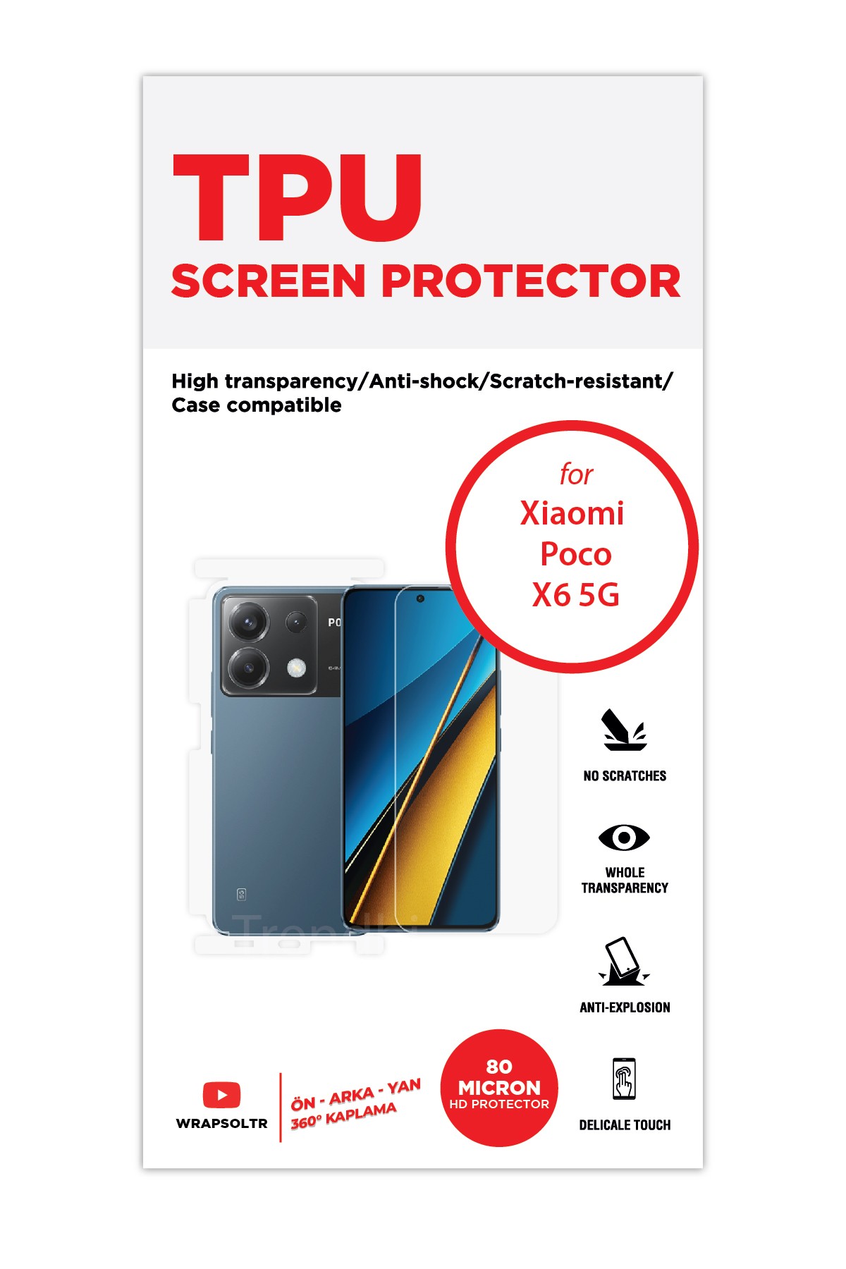 Xiaomi Poco X6 5G - Fullbody Koruyucu Parlak Şeffaf TPU Film (80 micron)