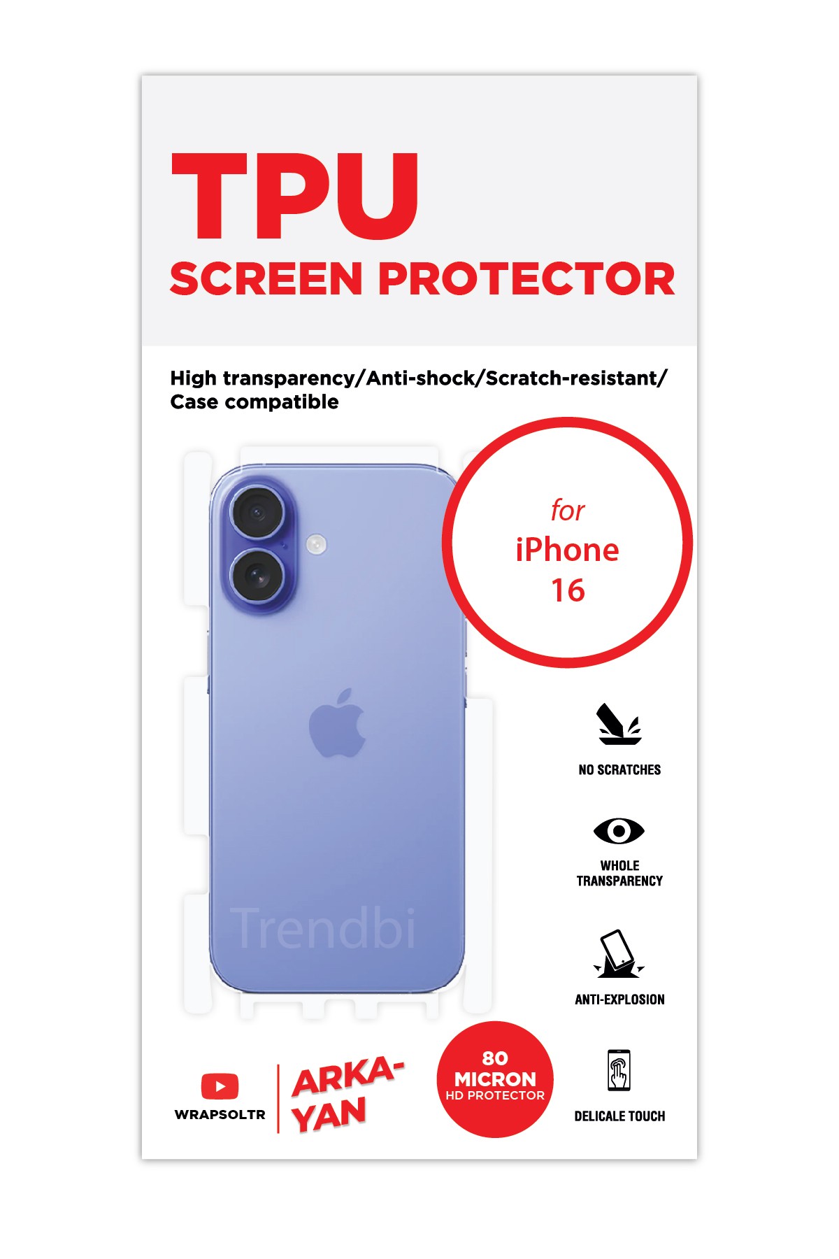 iPhone 16 - Arka/Yan Koruyucu Parlak Şeffaf TPU Film (80 micron)