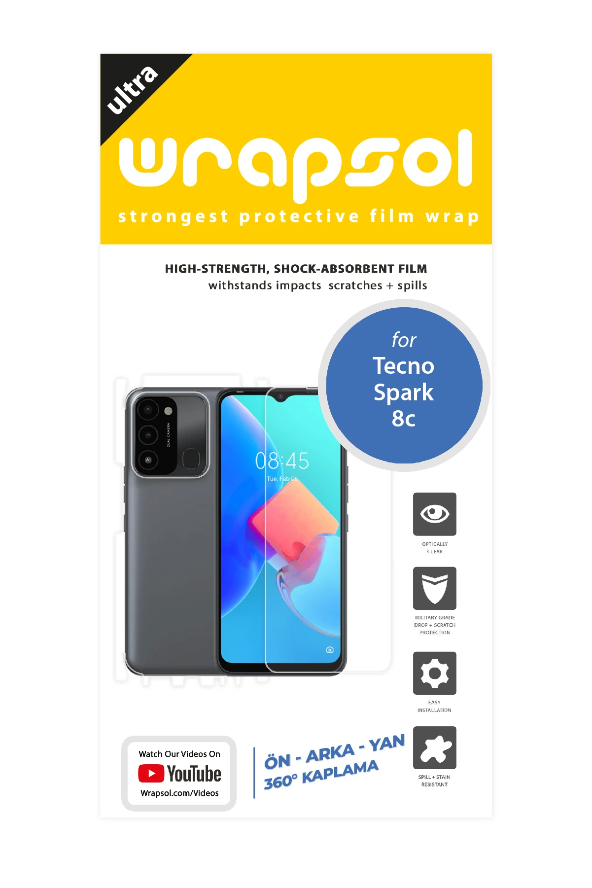 Tecno Spark 8C - Fullbody Koruyucu Parlak Şeffaf Poliüretan Film (150 micron)