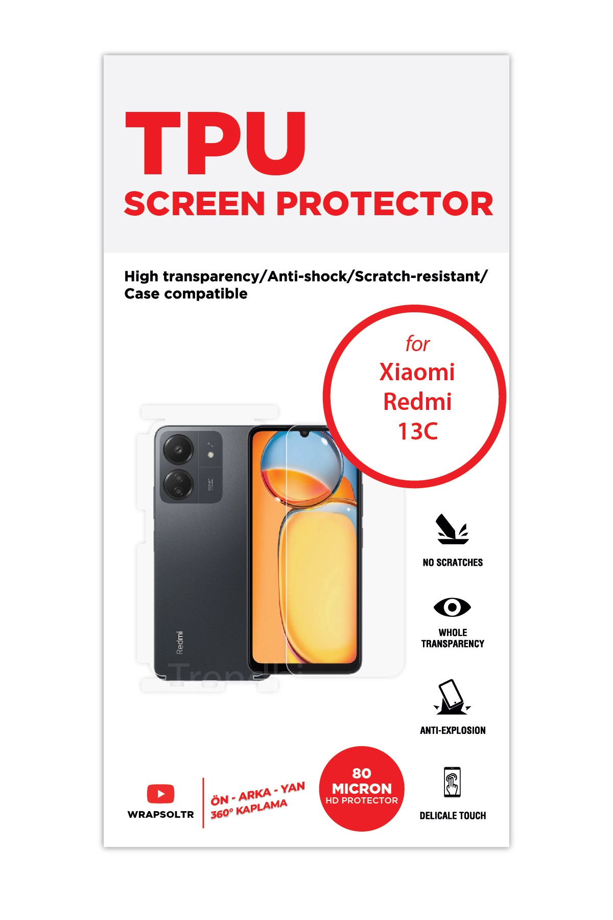 Xiaomi Redmi 13C - Fullbody Koruyucu Parlak Şeffaf TPU Film (80 micron)