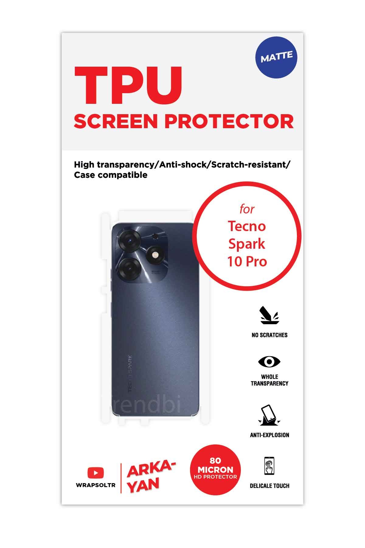 Tecno Spark 10 Pro - Arka/Yan Koruyucu Mat TPU Film (80 micron)