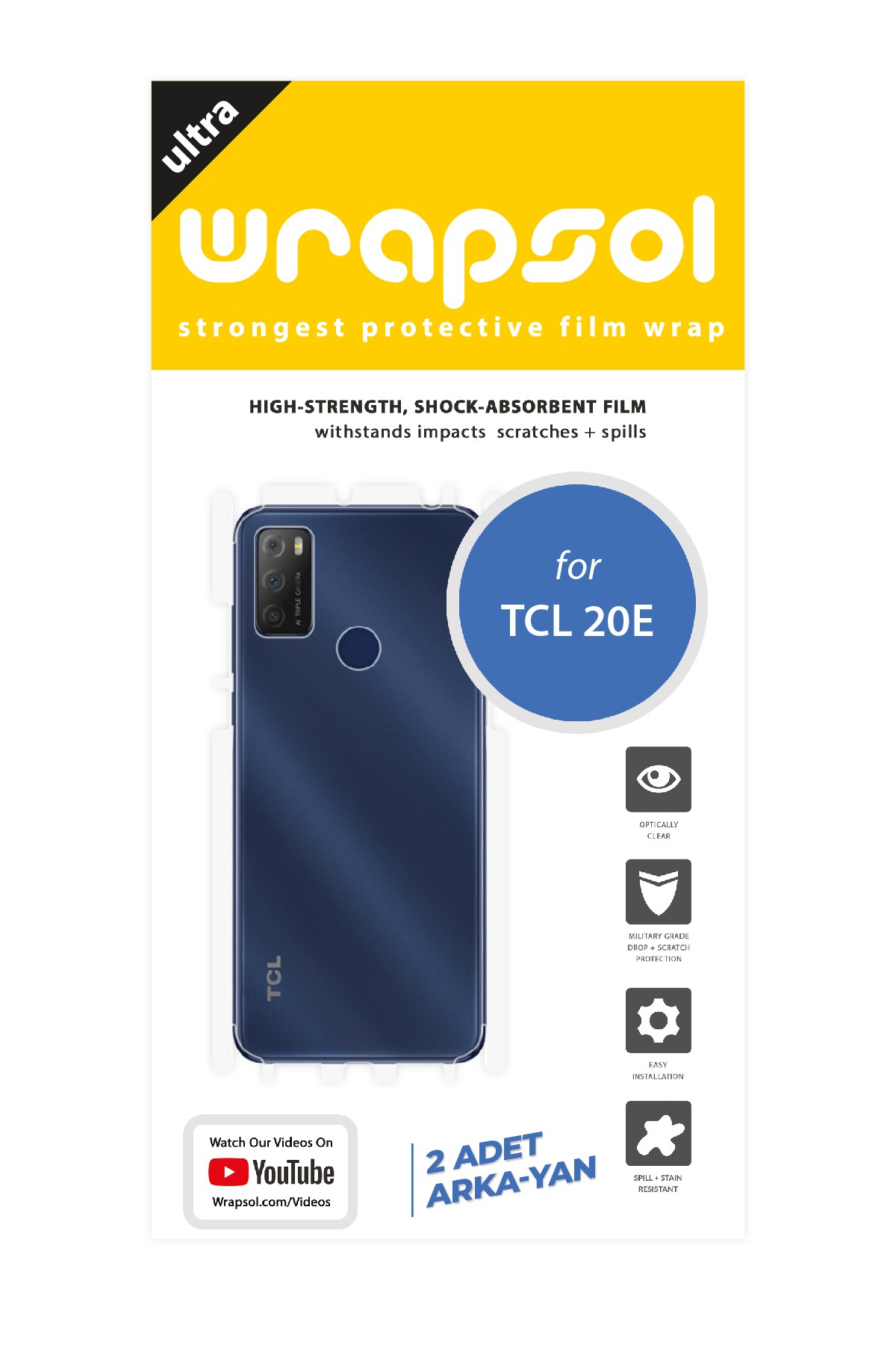 TCL 20e - Arka/Yan Koruyucu Parlak Şeffaf Poliüretan Film (150 micron)