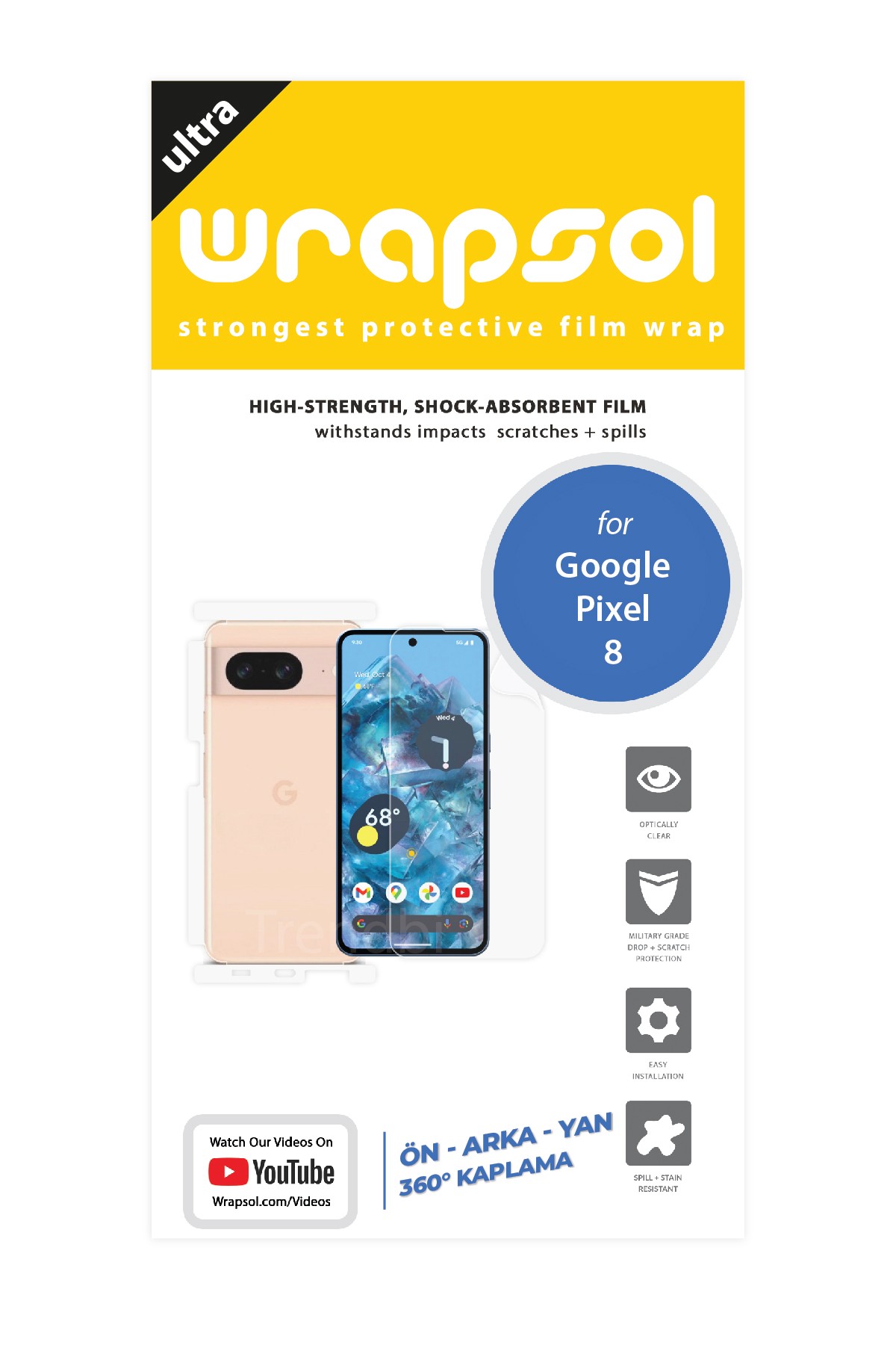 Google Pixel 8 - Fullbody Koruyucu Parlak Şeffaf Poliüretan Film (150 micron)