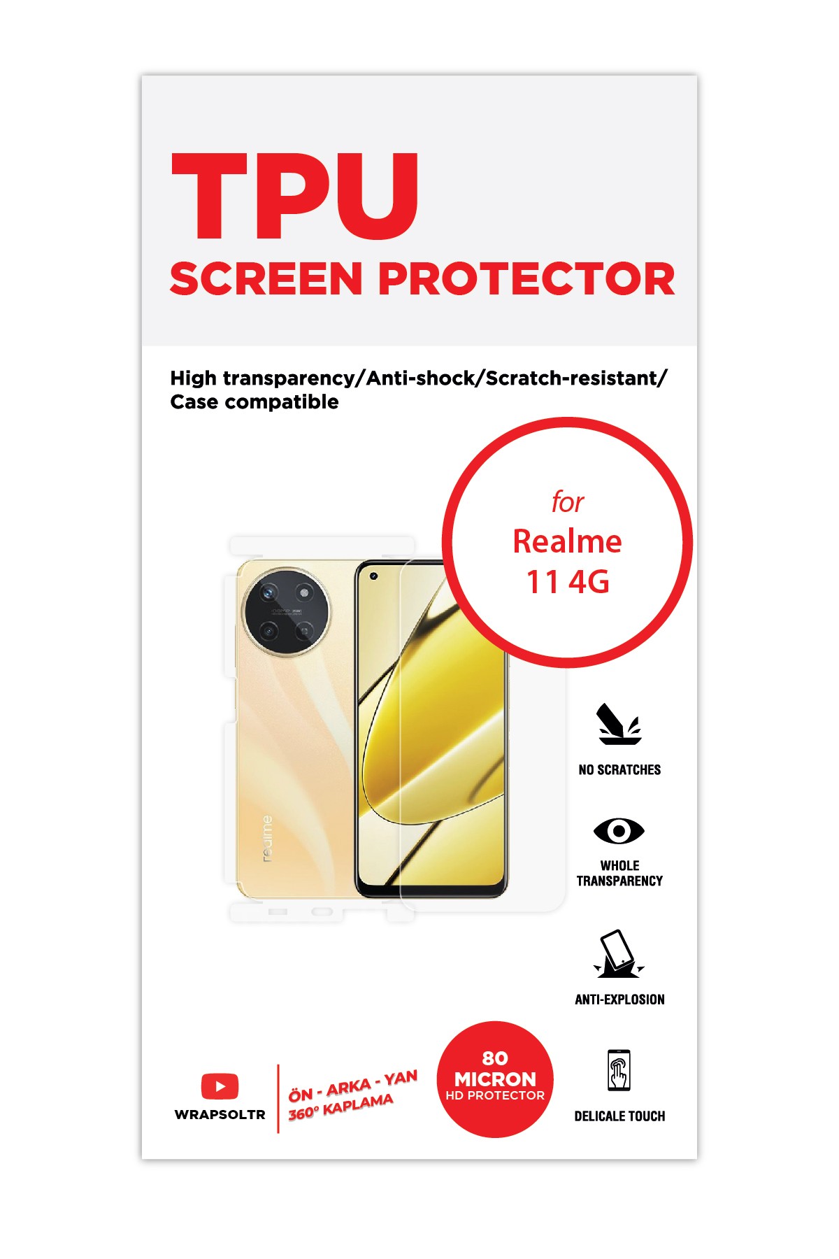 Realme 11 4G - Fullbody Koruyucu Parlak Şeffaf TPU Film (80 micron)
