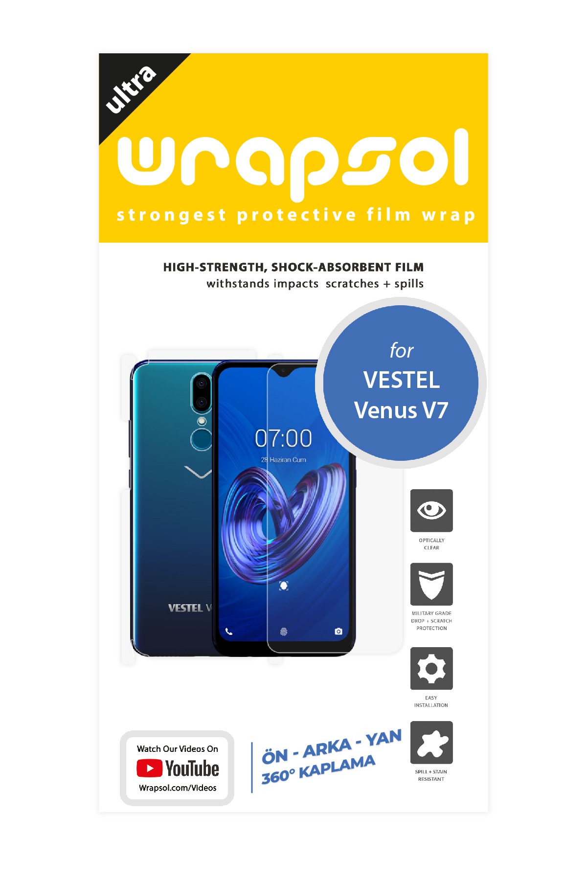 Vestel Venus V7 - Fullbody Koruyucu Parlak Şeffaf Poliüretan Film (150 micron)