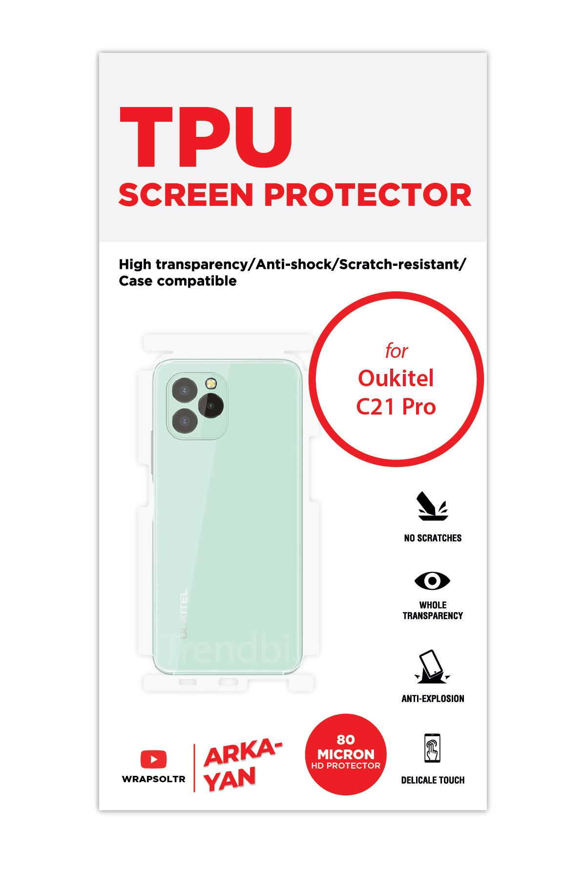 Oukitel C21 Pro - Arka/Yan Koruyucu Parlak Şeffaf TPU Film (80 micron)