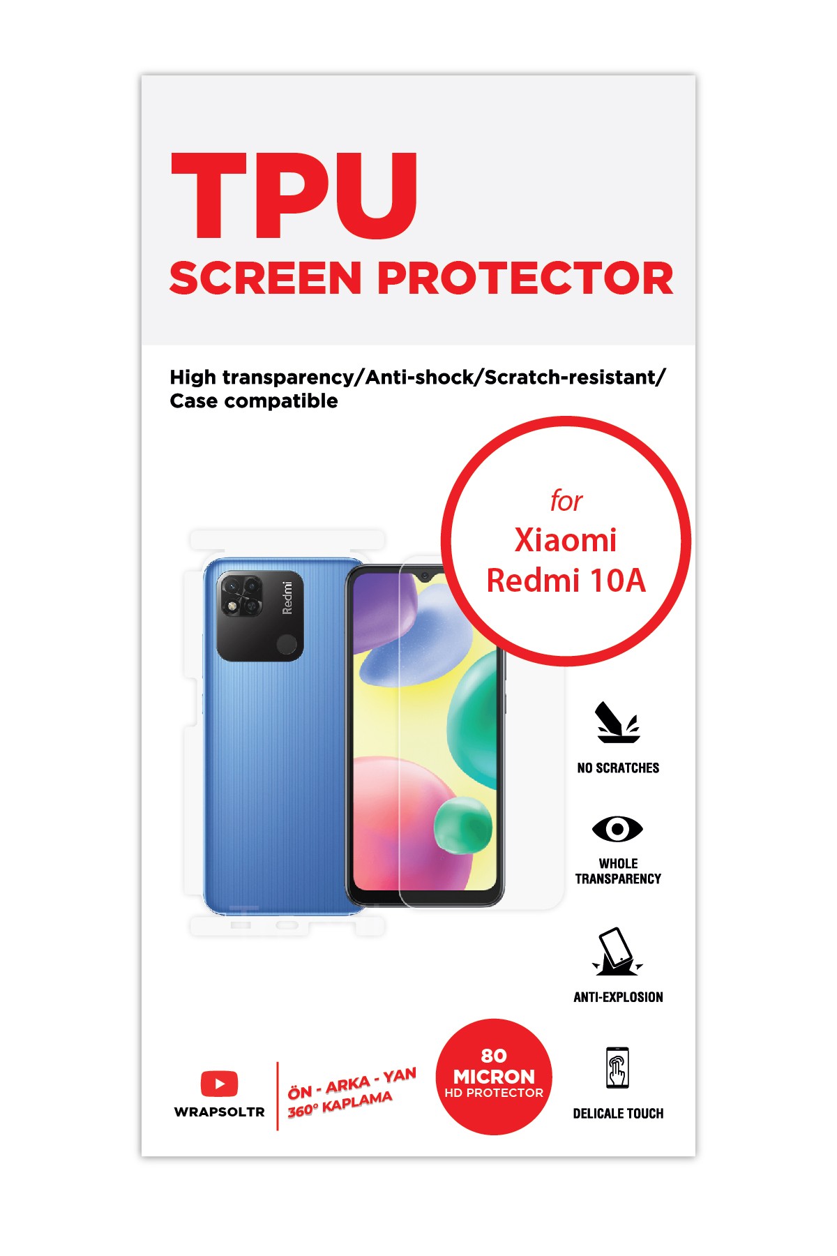 Xiaomi Redmi 10A - Fullbody Koruyucu Parlak Şeffaf TPU Film (80 micron)