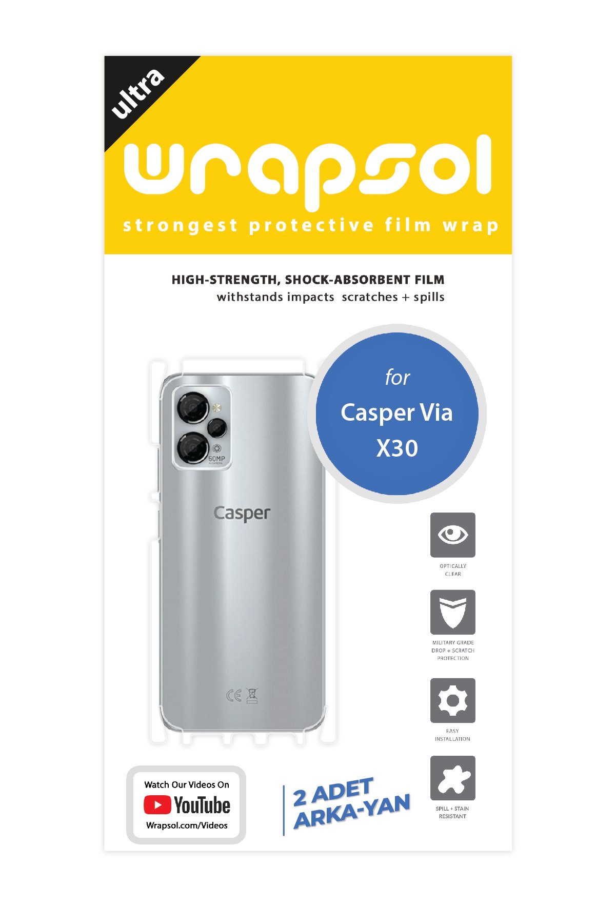 Casper Via X30 - Arka/Yan Koruyucu Parlak Şeffaf Poliüretan Film (150 micron)