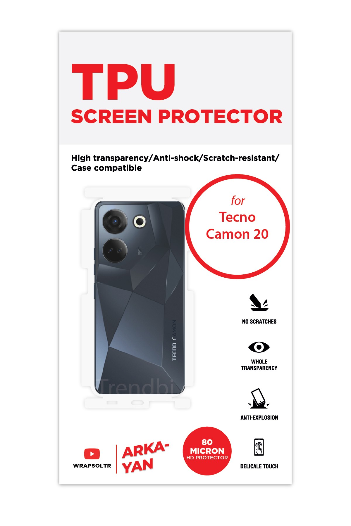 Tecno Camon 20 - Arka/Yan Koruyucu Parlak Şeffaf TPU Film (80 micron)