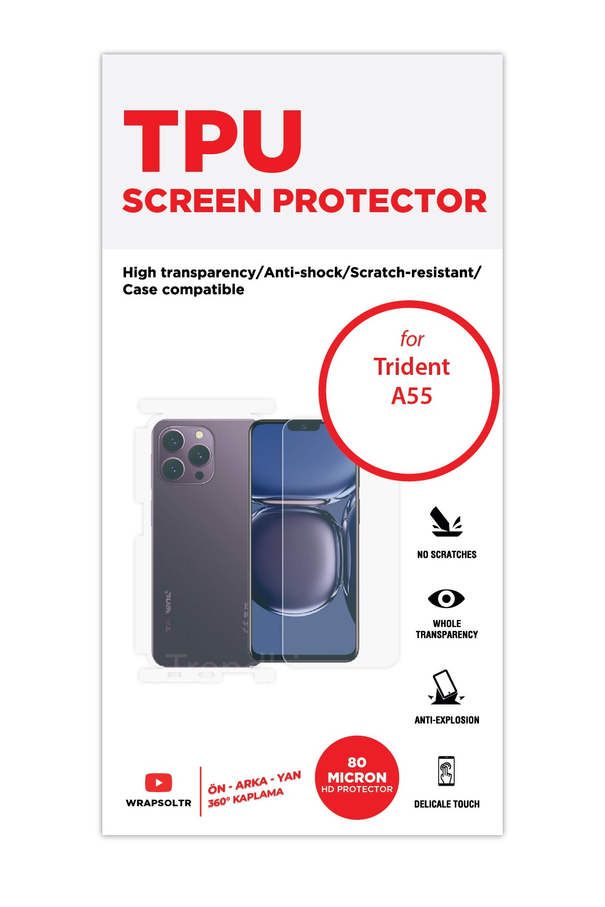 Trident A55 - Fullbody Koruyucu Parlak Şeffaf TPU Film (80 micron)