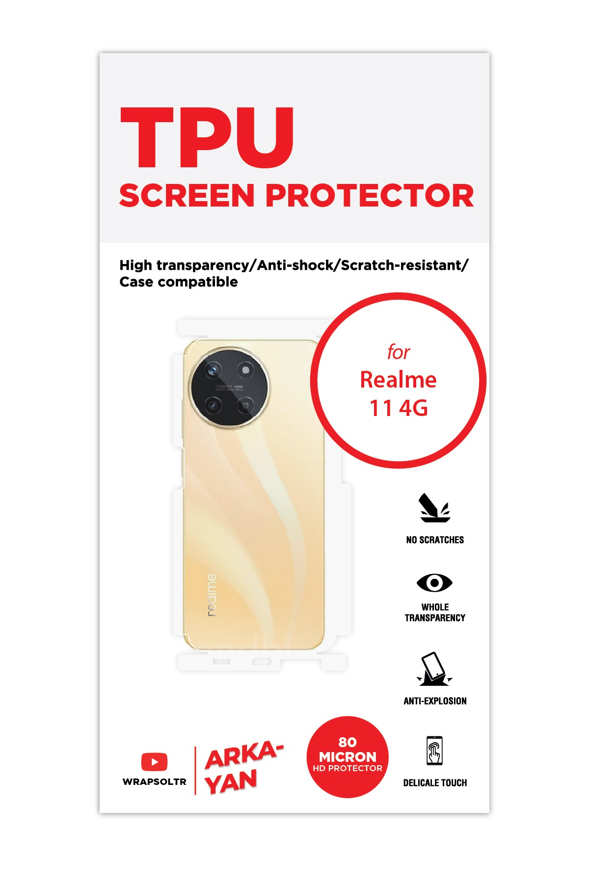 Realme 11 4G - Arka/Yan Koruyucu Parlak Şeffaf TPU Film (80 micron)