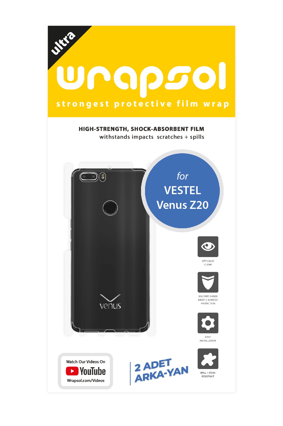 Vestel Venus Z20 - Arka/Yan Koruyucu Parlak Şeffaf Poliüretan Film (150 micron)