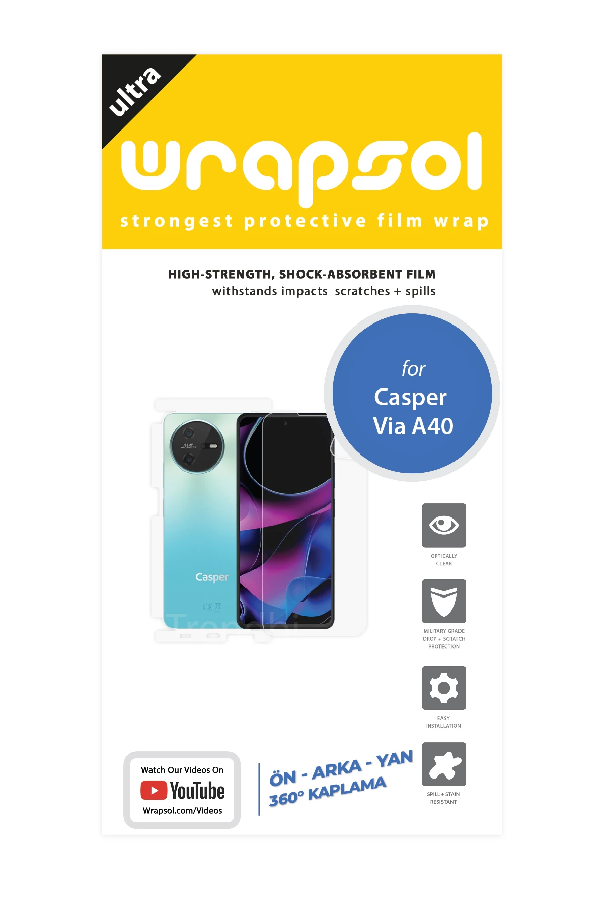 Casper Via A40 - Fullbody Koruyucu Parlak Şeffaf Poliüretan Film (150 micron)