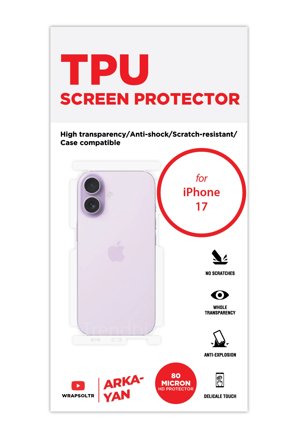 iPhone 17 - Arka/Yan Koruyucu Parlak Şeffaf TPU Film (80 micron)