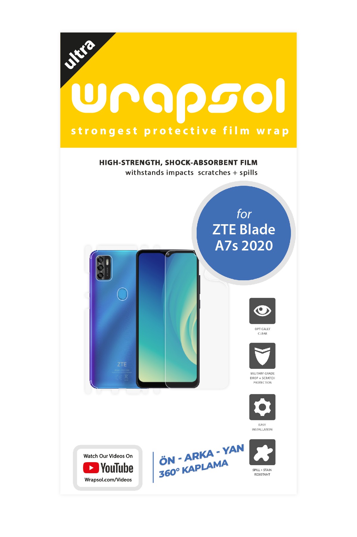 ZTE Blade A7s 2020 - Fullbody Koruyucu Parlak Şeffaf Poliüretan Film (150 micron)