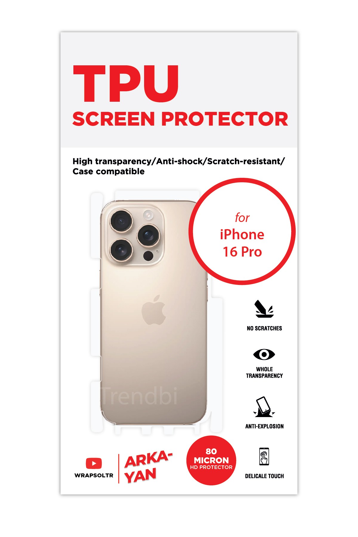 iPhone 16 Pro - Arka/Yan Koruyucu Parlak Şeffaf TPU Film (80 micron)