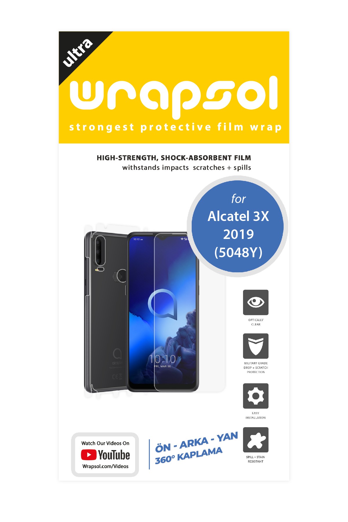 Alcatel 3X 2019 - Fullbody Koruyucu Parlak Şeffaf Poliüretan Film (150 micron)