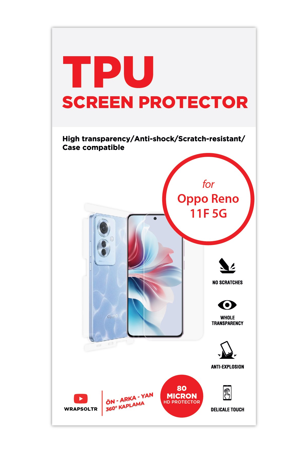 Oppo Reno 11F 5G - Fullbody Koruyucu Parlak Şeffaf TPU Film (80 micron)