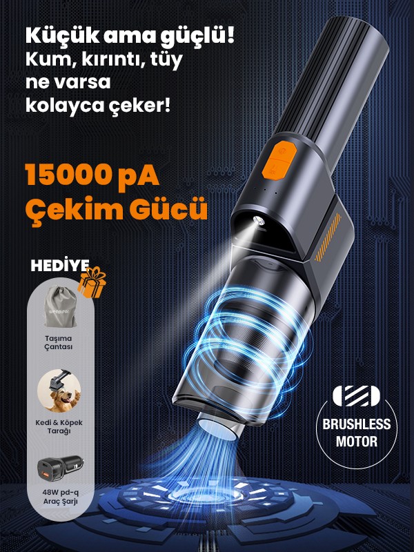 Oto Araç Süpürgesi Katlanabilir Vakumlu Üflemeli Şarjlı Çok Fonksiyonlu Ev Araba Kamp 15000pa Çekim