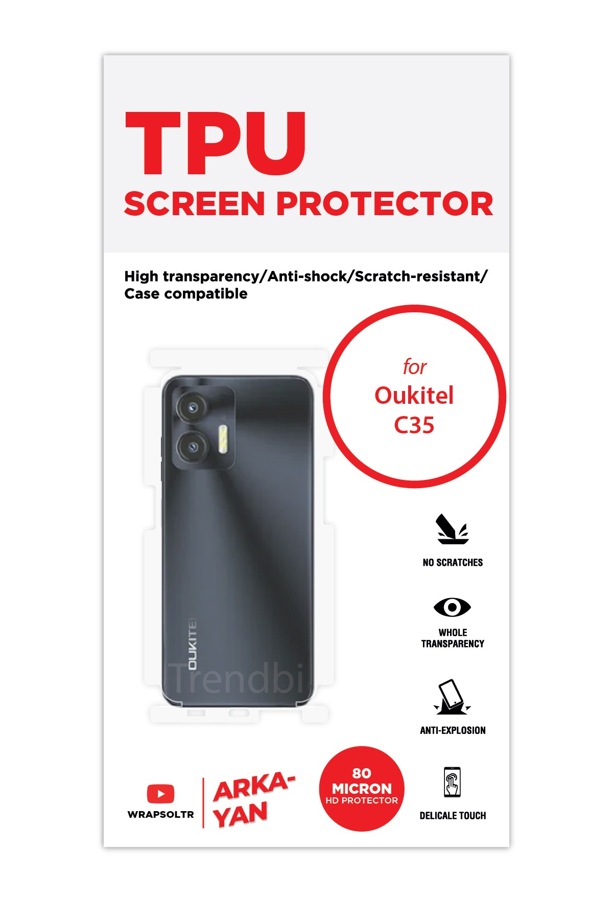 Oukitel C35 - Arka/Yan Koruyucu Parlak Şeffaf TPU Film (80 micron)