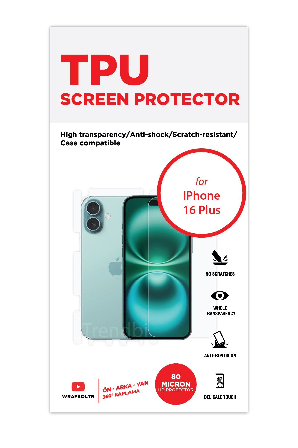 iPhone 16 Plus - Fullbody Koruyucu Parlak Şeffaf TPU Film (80 micron)