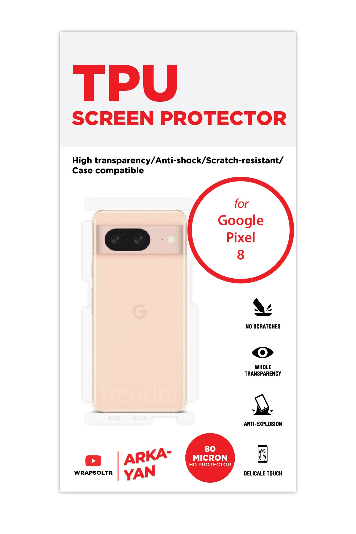 Google Pixel 8 - Arka/Yan Koruyucu Parlak Şeffaf TPU Film (80 micron)