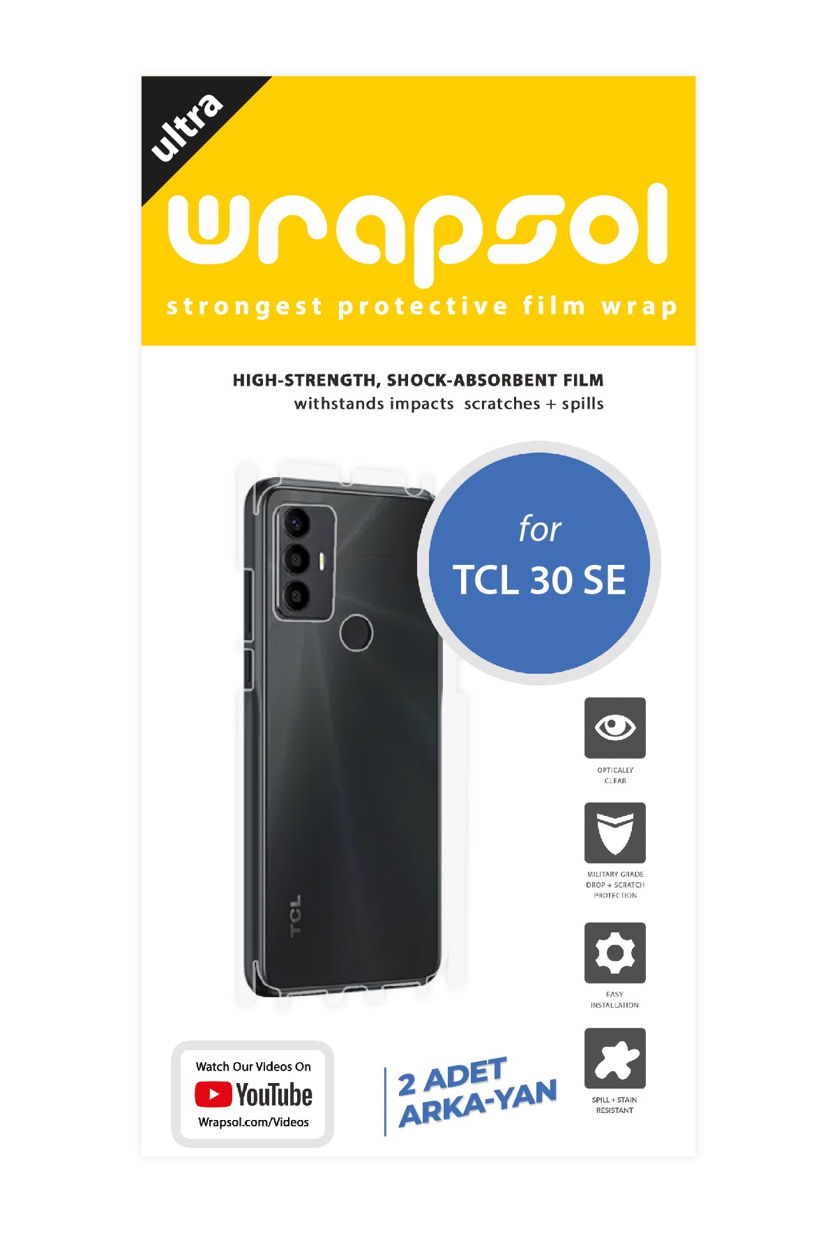 TCL 30 SE - Arka/Yan Koruyucu Parlak Şeffaf Poliüretan Film (150 micron)