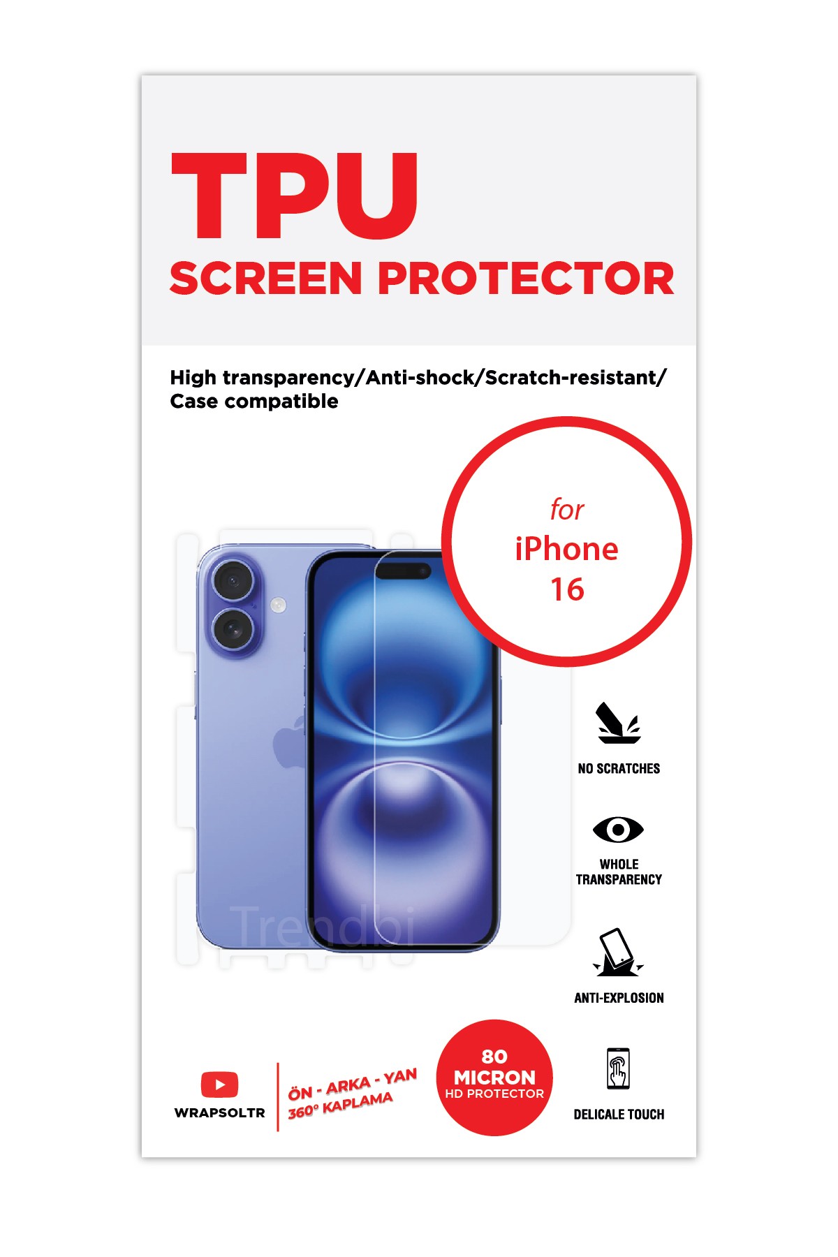 iPhone 16 - Fullbody Koruyucu Parlak Şeffaf TPU Film (80 micron)