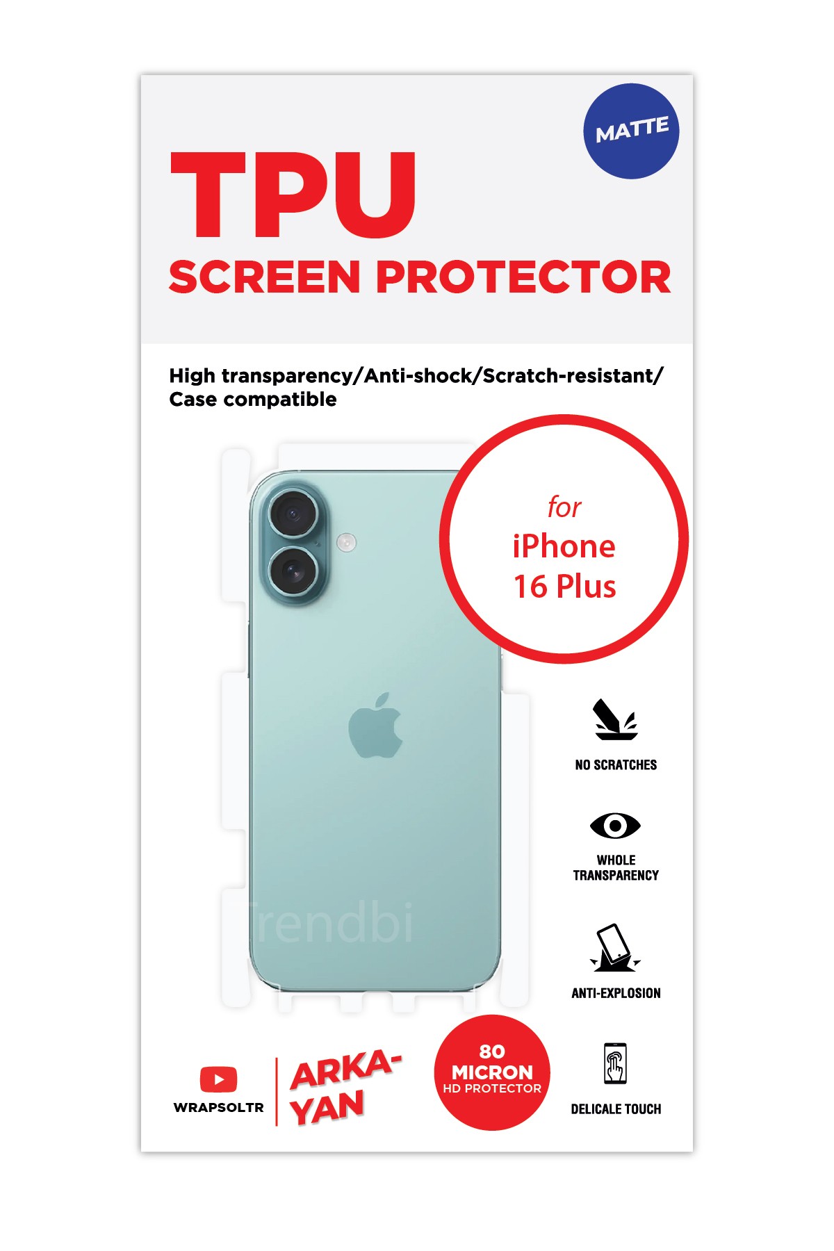 iPhone 16 Plus - Arka/Yan Koruyucu Mat TPU Film (80 micron)