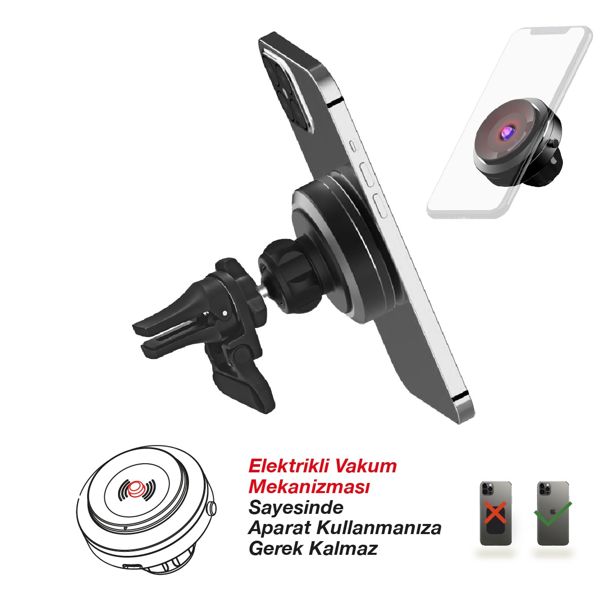 AirPro Araç Içi Telefon Tutucu - Hizli Sarj Özellikli - Elektrikli Vakum Mekanizmali - Clip Type