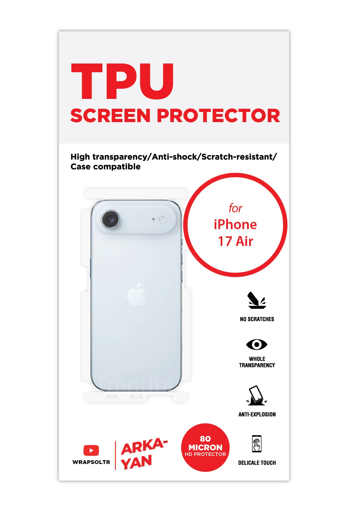 iPhone 17 Air - Arka/Yan Koruyucu Parlak Şeffaf TPU Film (80 micron)